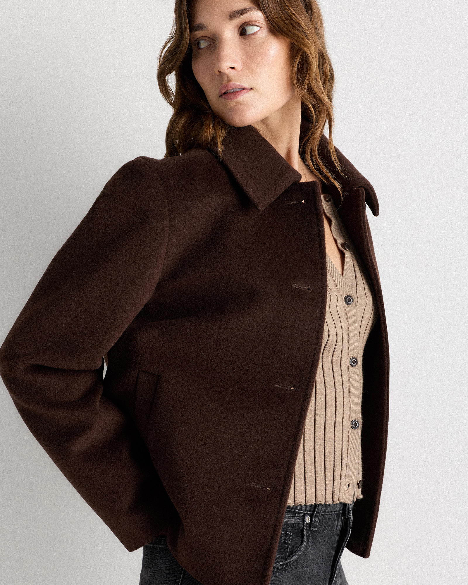 Wool Cashmere Short Coat in Dark Chocolate