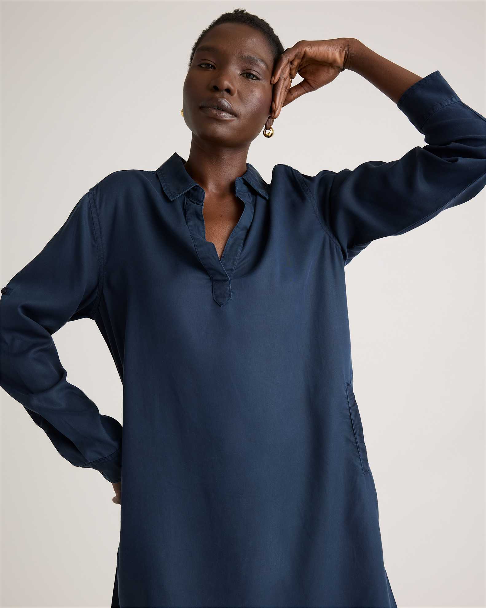 Vintage Wash Tencel Roll Sleeve Tunic Dress Vintage Wash Tencel Roll Sleeve Tunic Dress
