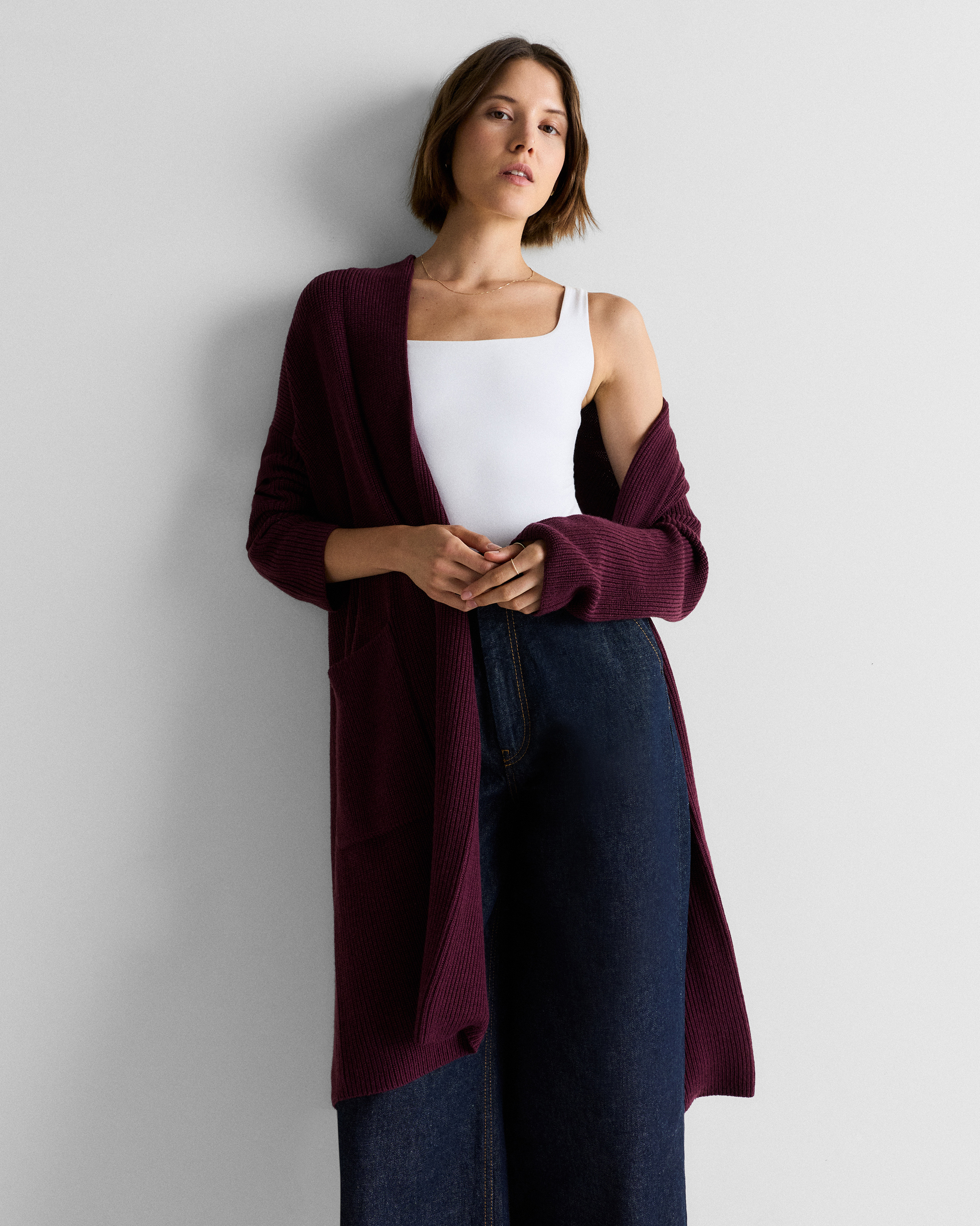 Barolo Burgundy Cardigan long en laine mérinos australienne
