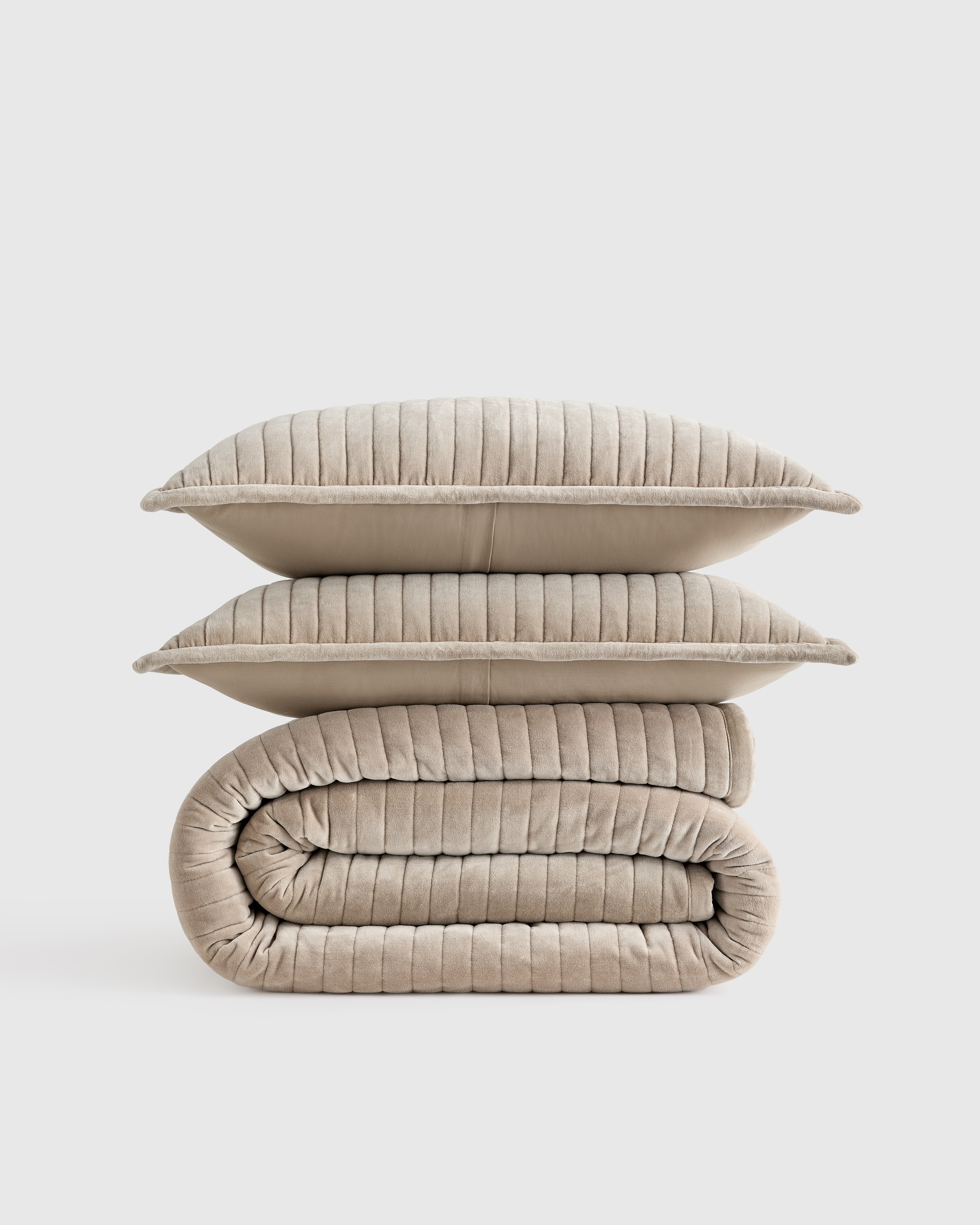 Light Taupe Cotton Velvet Horizontal Channel Quilt Set