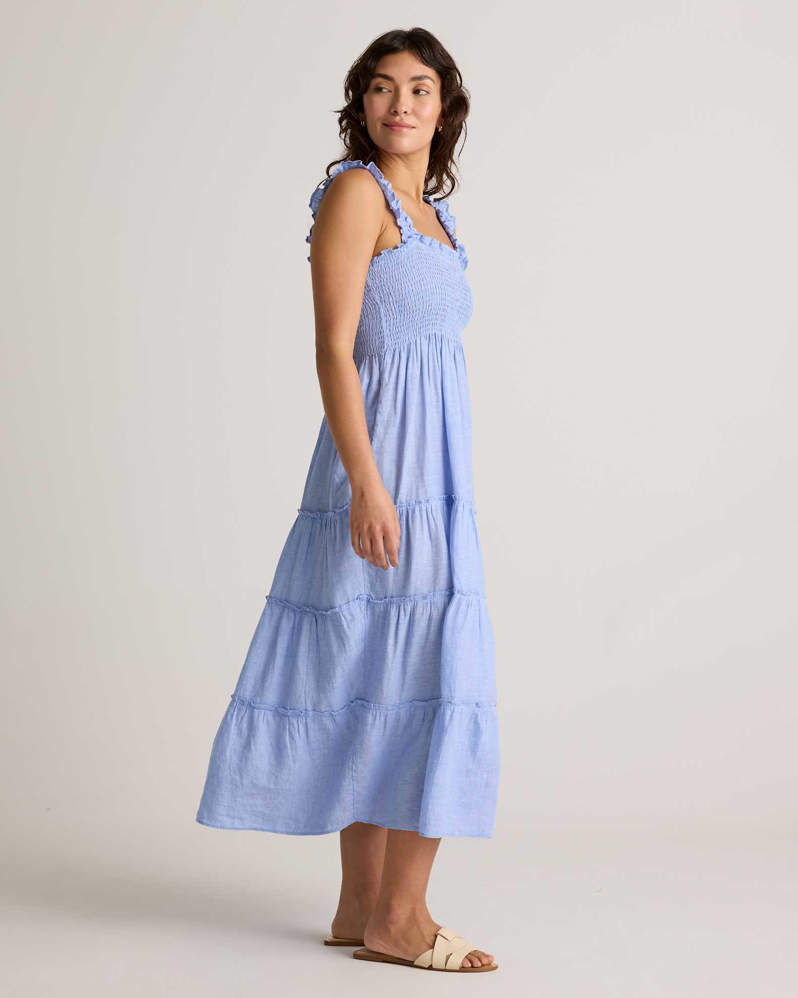 100% European Linen Smocked Midi Dress in French Blue 100% European Linen Smocked Midi Dress in French Blue