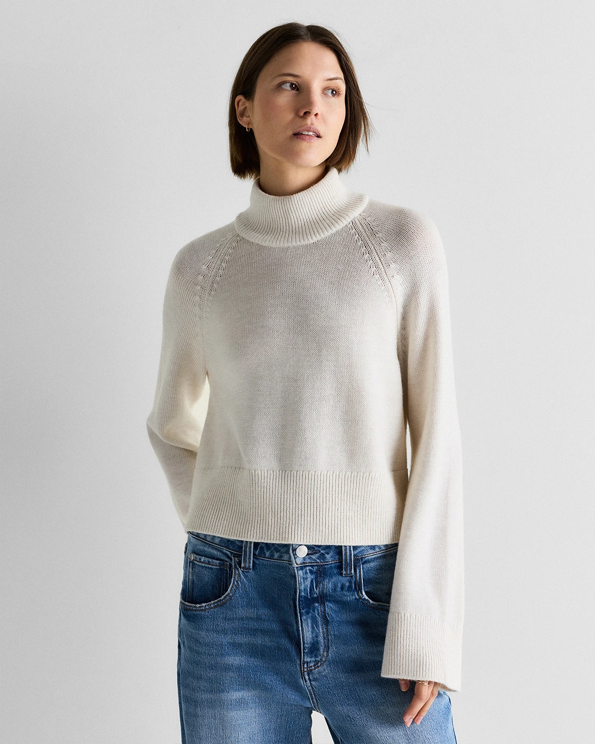 Australian Merino Wool Cropped Mock Neck Sweater in Heather Bone