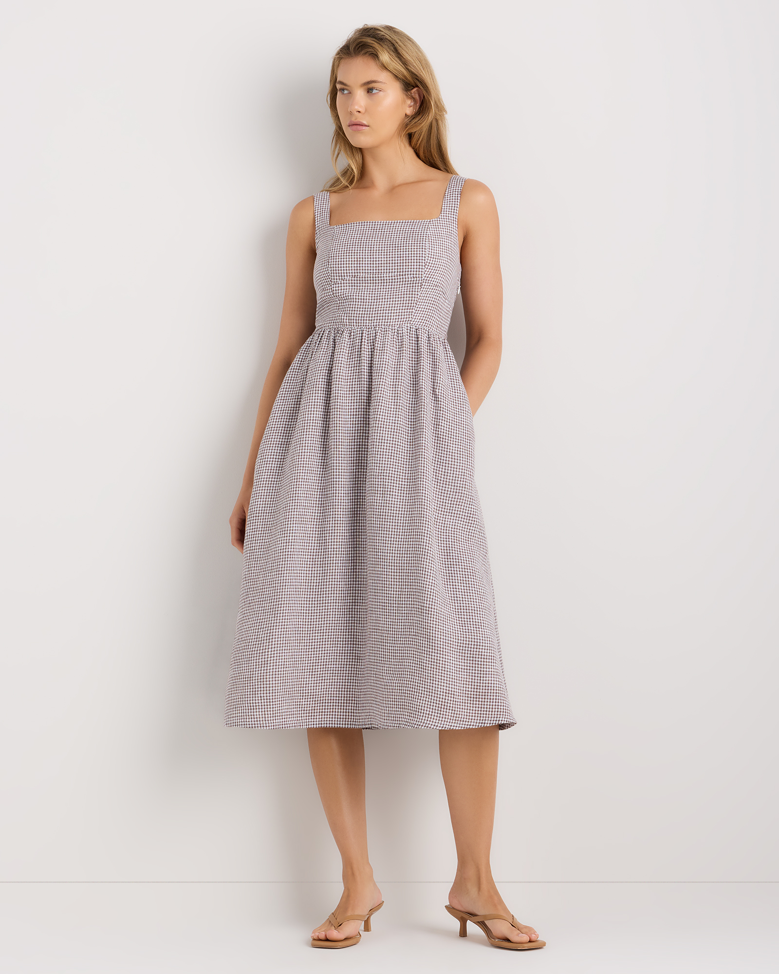 Taupe Brown Gingham 100% European Linen Fit & Flare Midi Dress