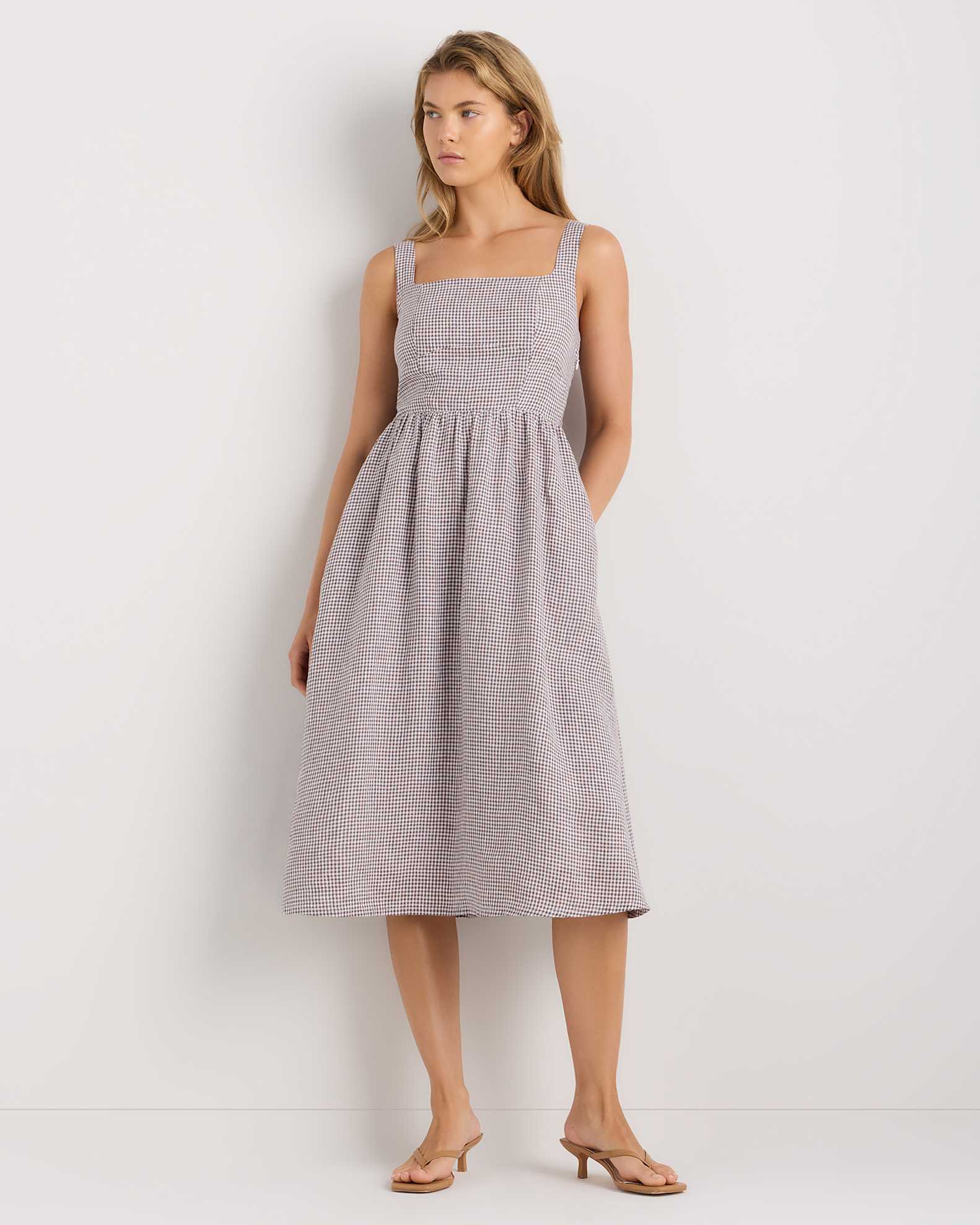 100% European Linen Fit & Flare Midi Dress in Taupe Brown Gingham 100% European Linen Fit & Flare Midi Dress in Taupe Brown Gingham