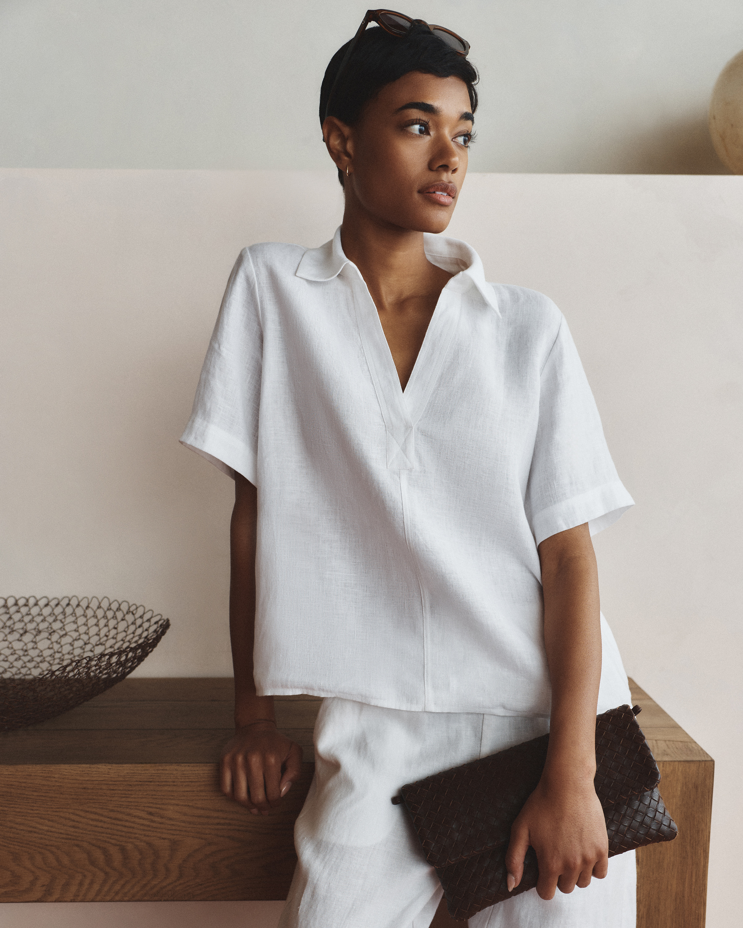 100% European Linen Short Sleeve Popover Top in White