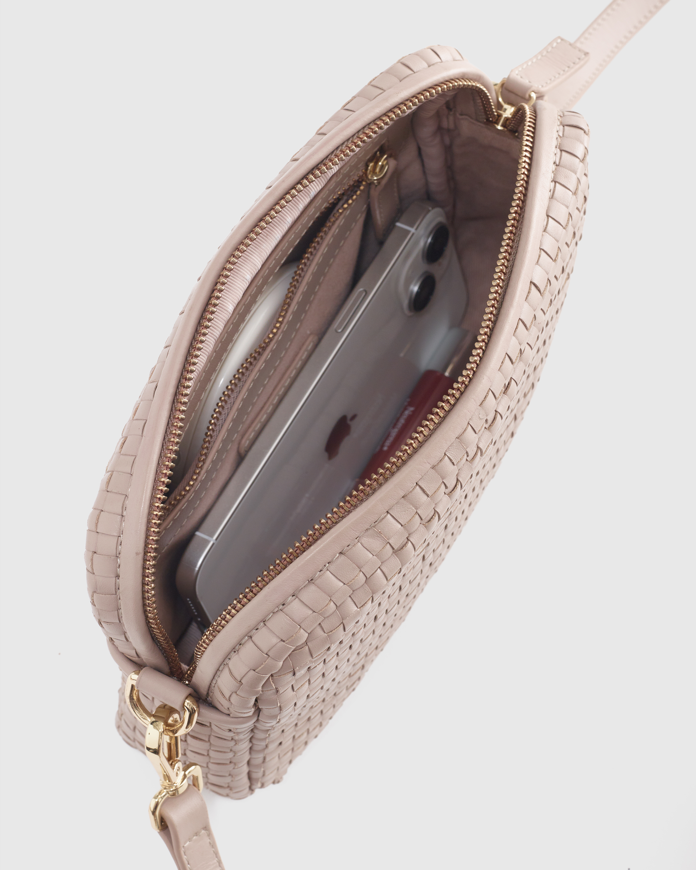 Italian Leather Woven Camera Crossbody in Taupe