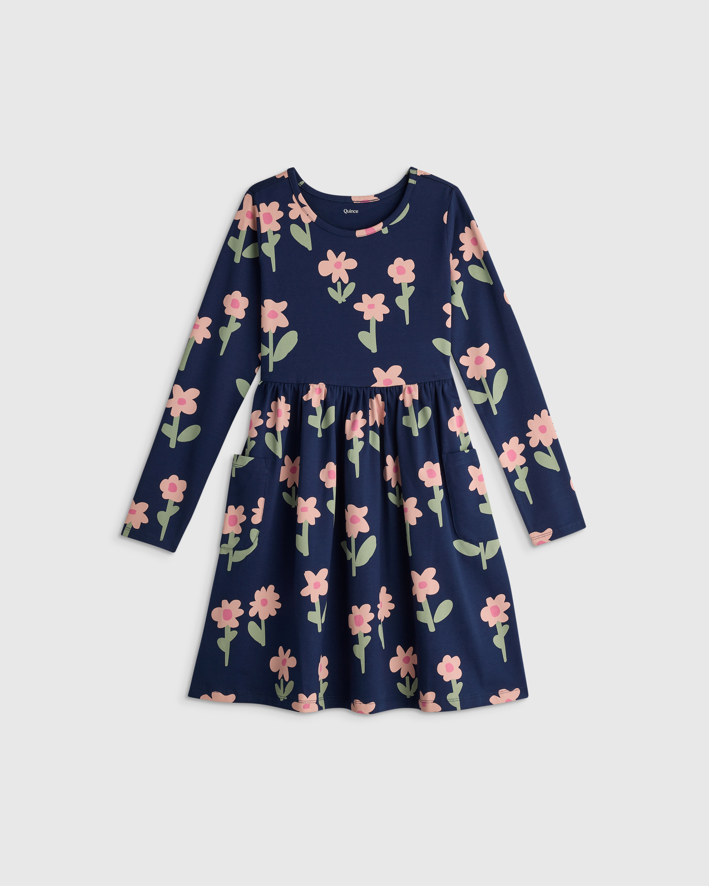 Navy Daisies Organic Cotton Long Sleeve Fit and Flare Pocket Dress 