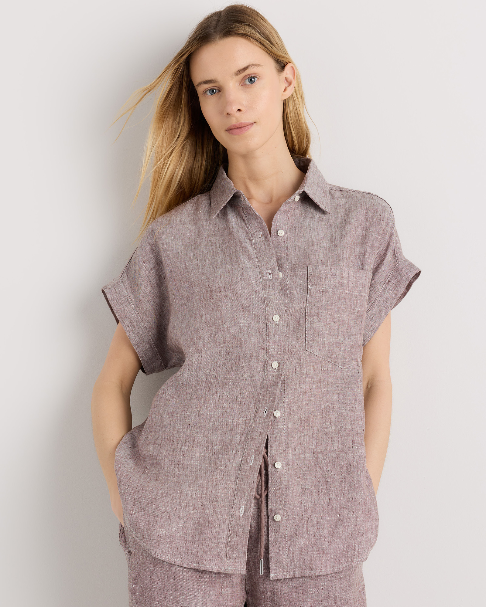 Taupe Brown Chambray 100% European Linen Camp Shirt