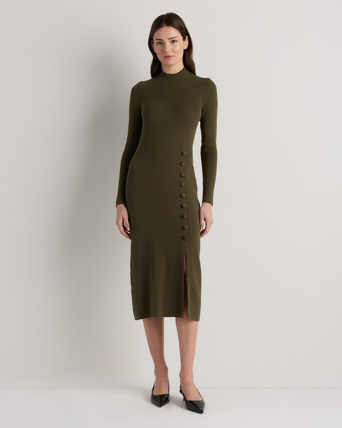 Olive Cotton Cashmere Side Slit Midi Dress