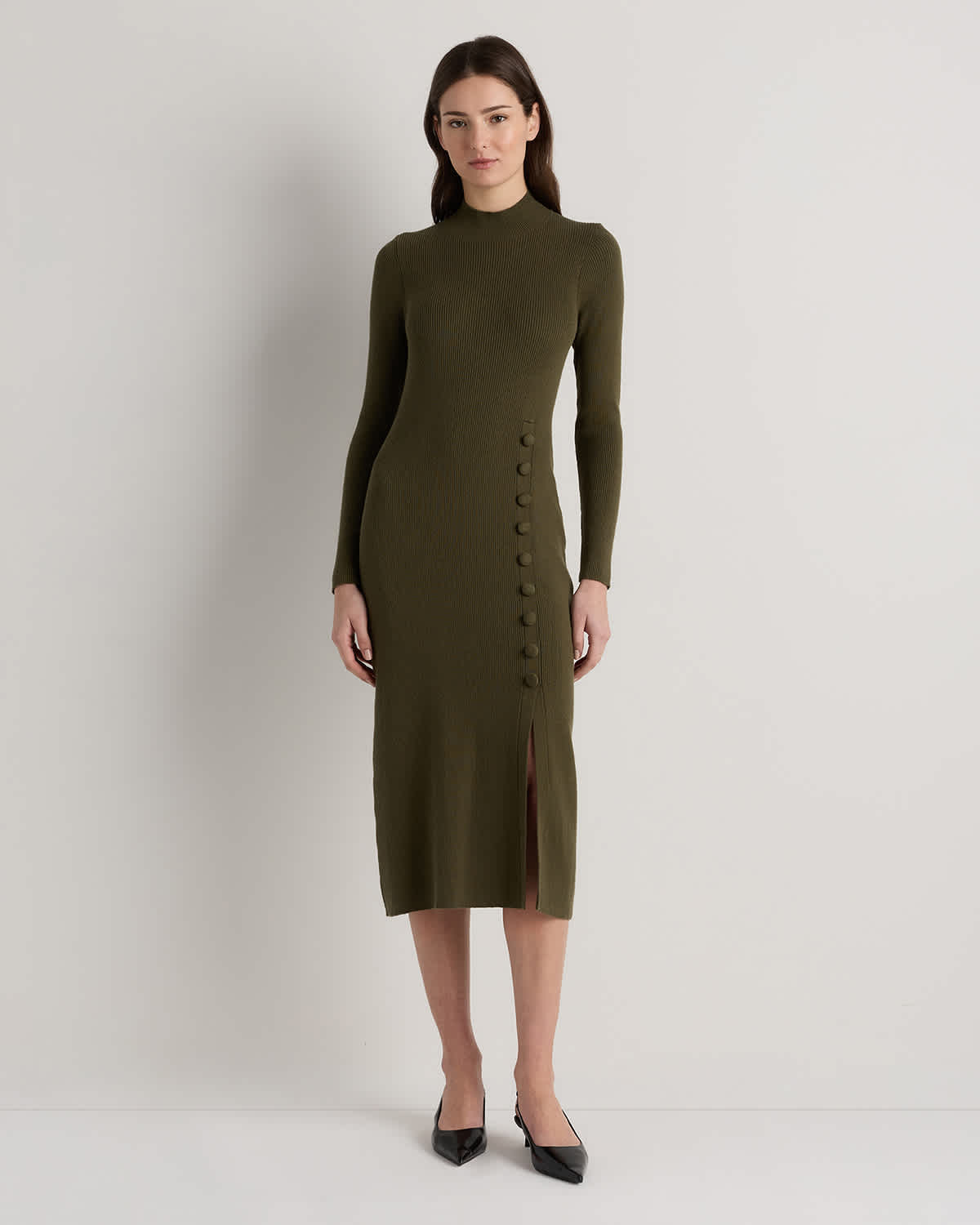 Cotton Cashmere Side Slit Midi Dress in Olive Cotton Cashmere Side Slit Midi Dress in Olive