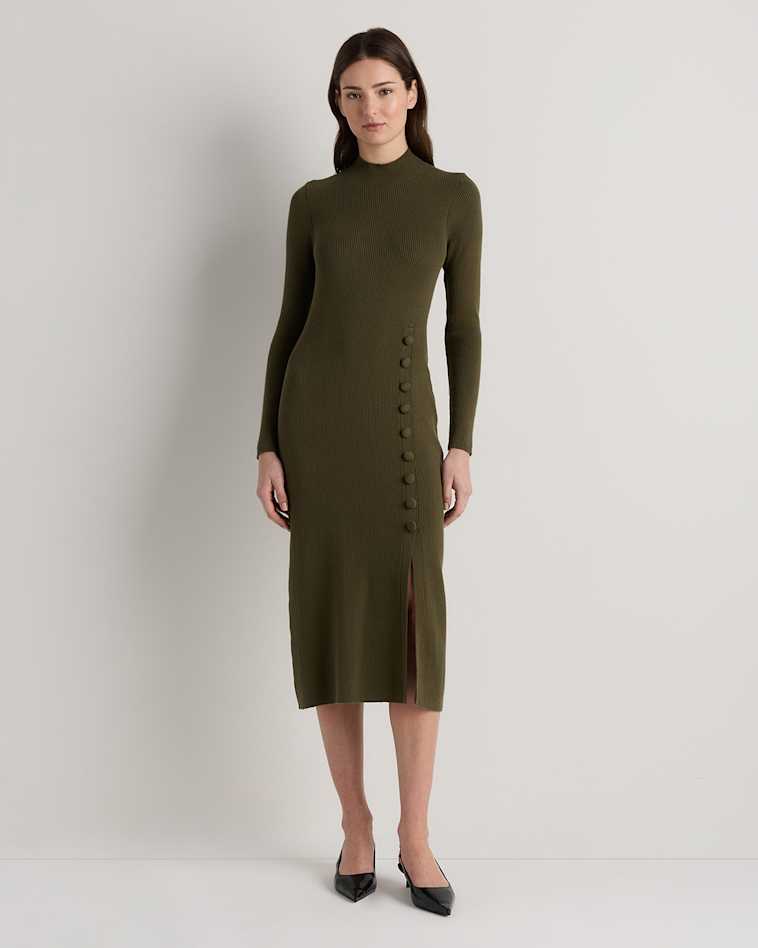 Quince Women's Cotton Cashmere Ribbed Long Sleeve V-Neck Midi Dress, Olive, Size XL - Breathable & Adjustable Fit Quince Women's Cotton Cashmere Ribbed Long Sleeve V-Neck Midi Dress, Olive, Size XL - Breathable & Adjustable Fit