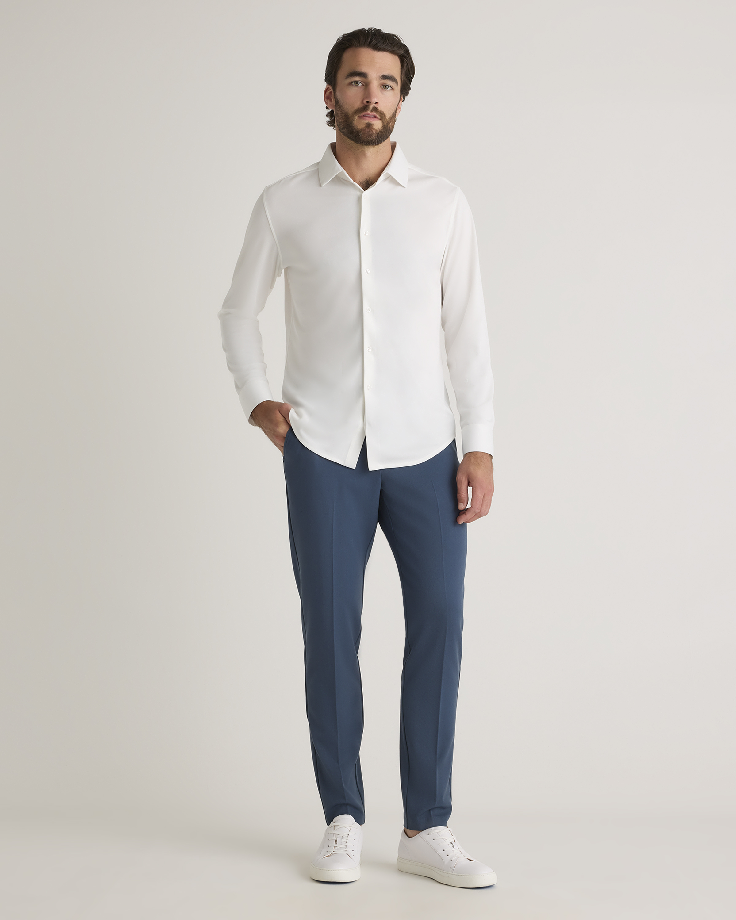 Commuter Stretch Pique Long Sleeve Button Down in White