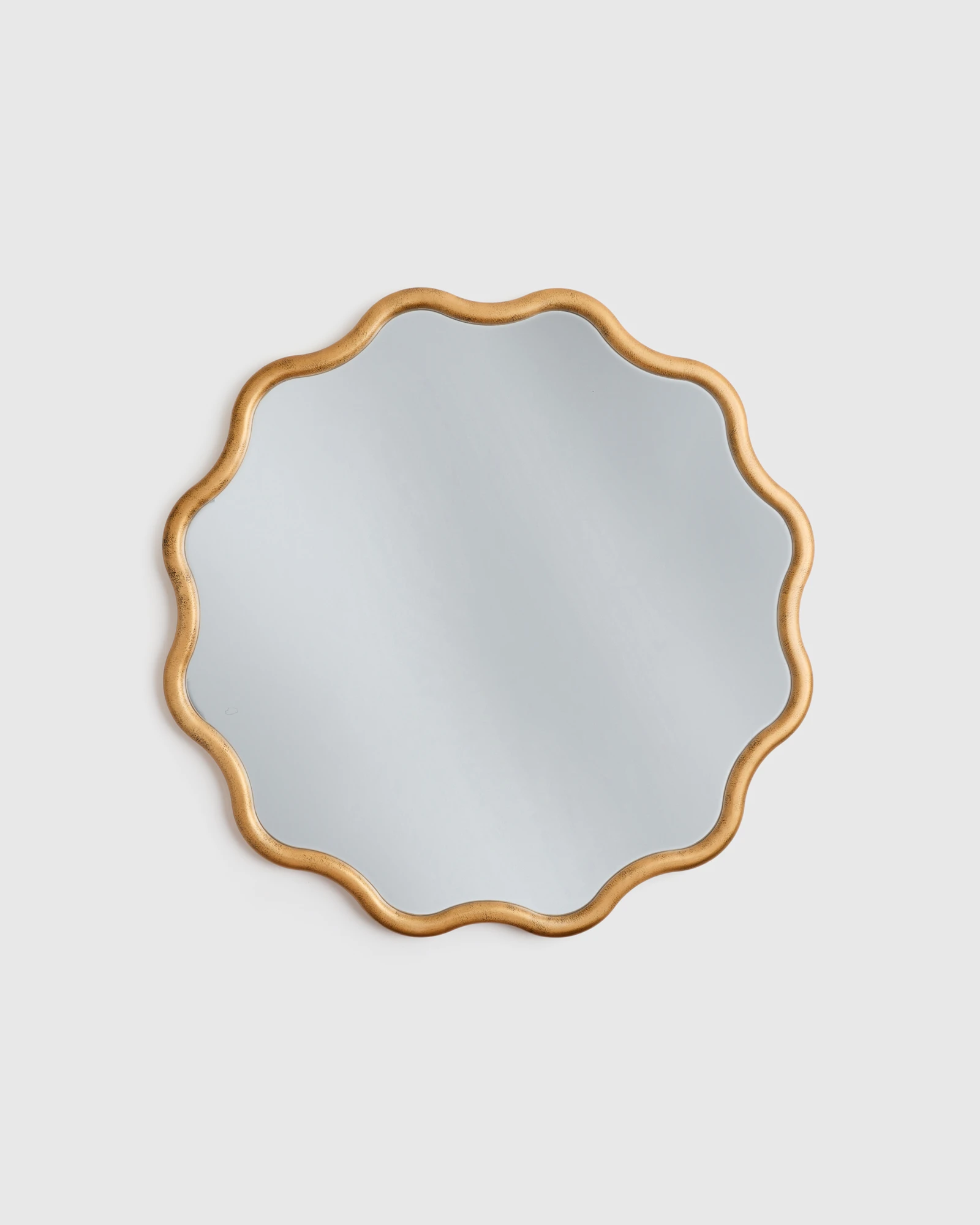 Wave Round Wood Wall Mirror in Antique Brass