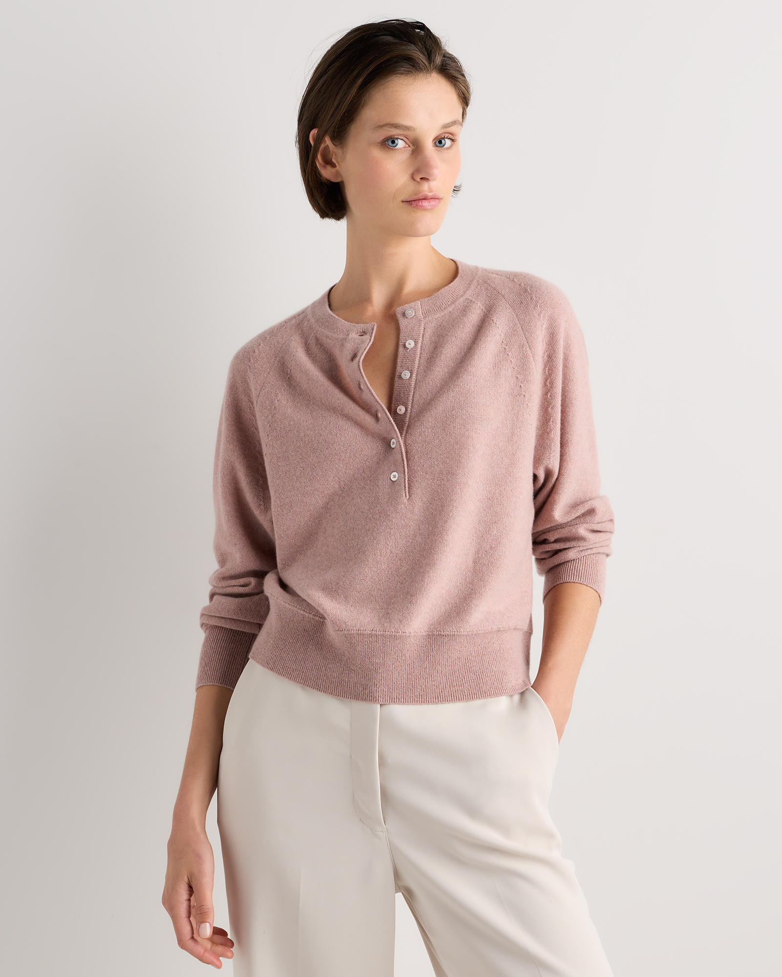 Heather Vintage Pink Mongolian Cashmere Dolman Sleeve Henley Sweater