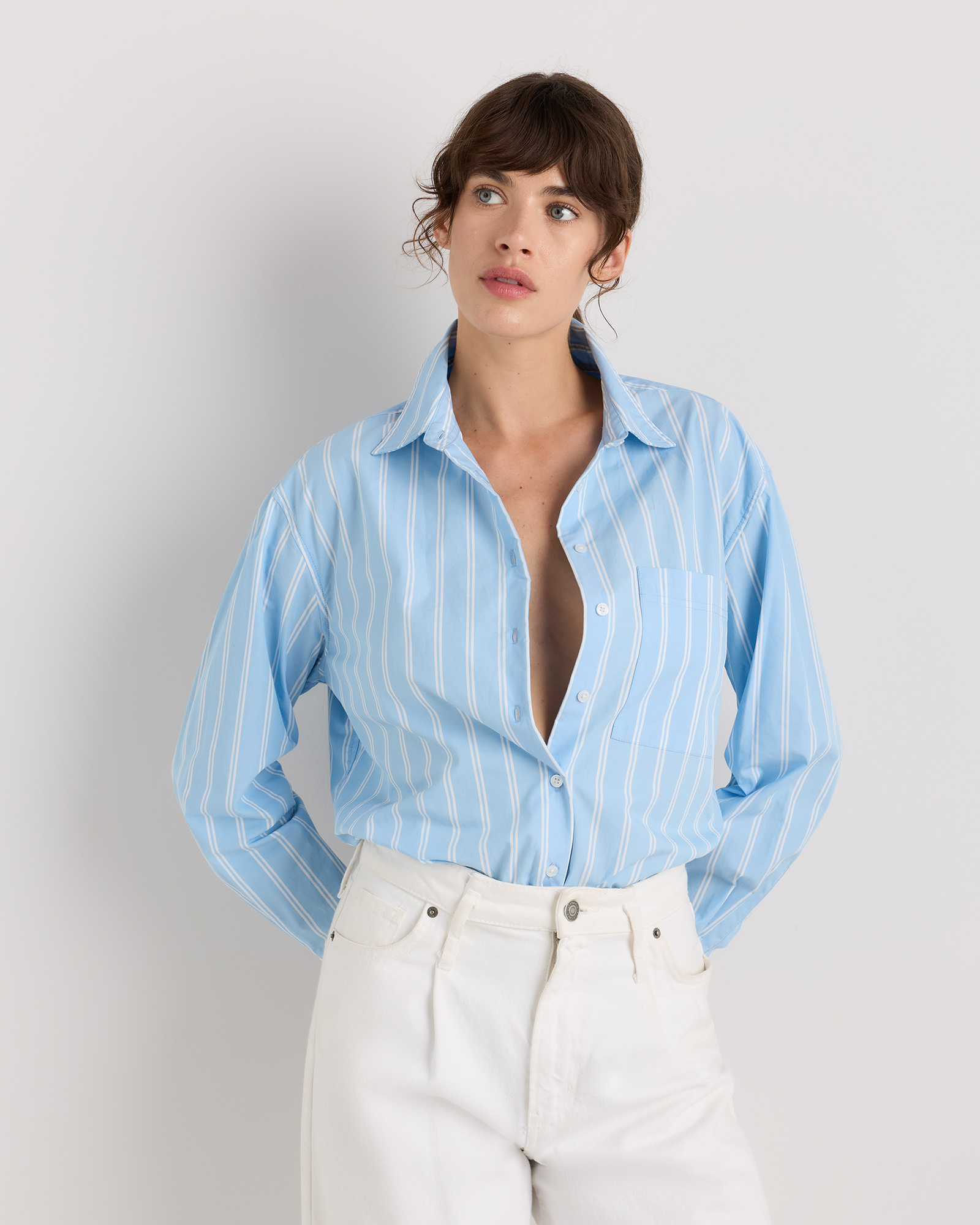 Delta Blue Double Stripe 100% Organic Cotton Poplin Long Sleeve Boyfriend Shirt
