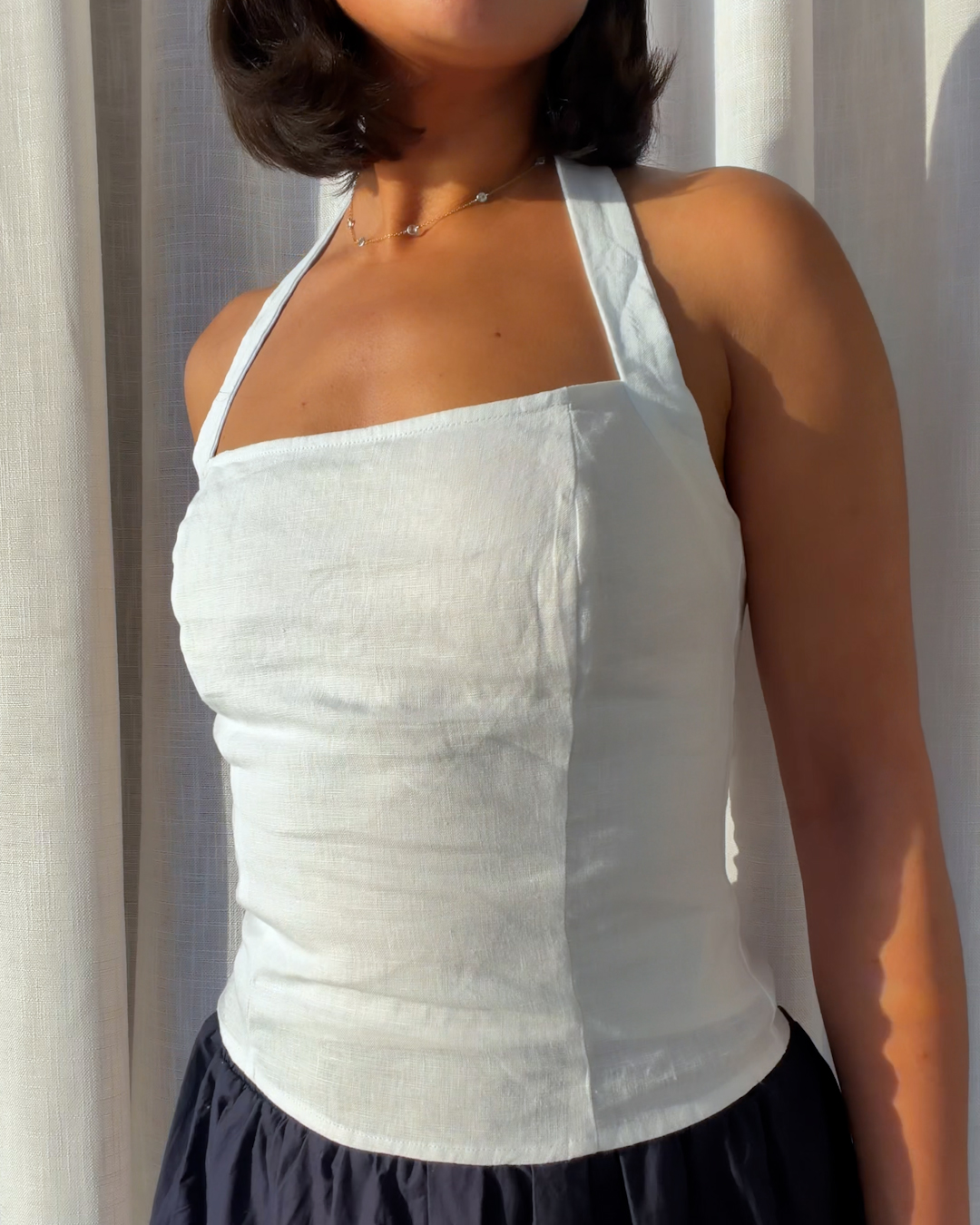 100% European Linen Halter Top - PDP Video Thumbnail (White, 4x5)