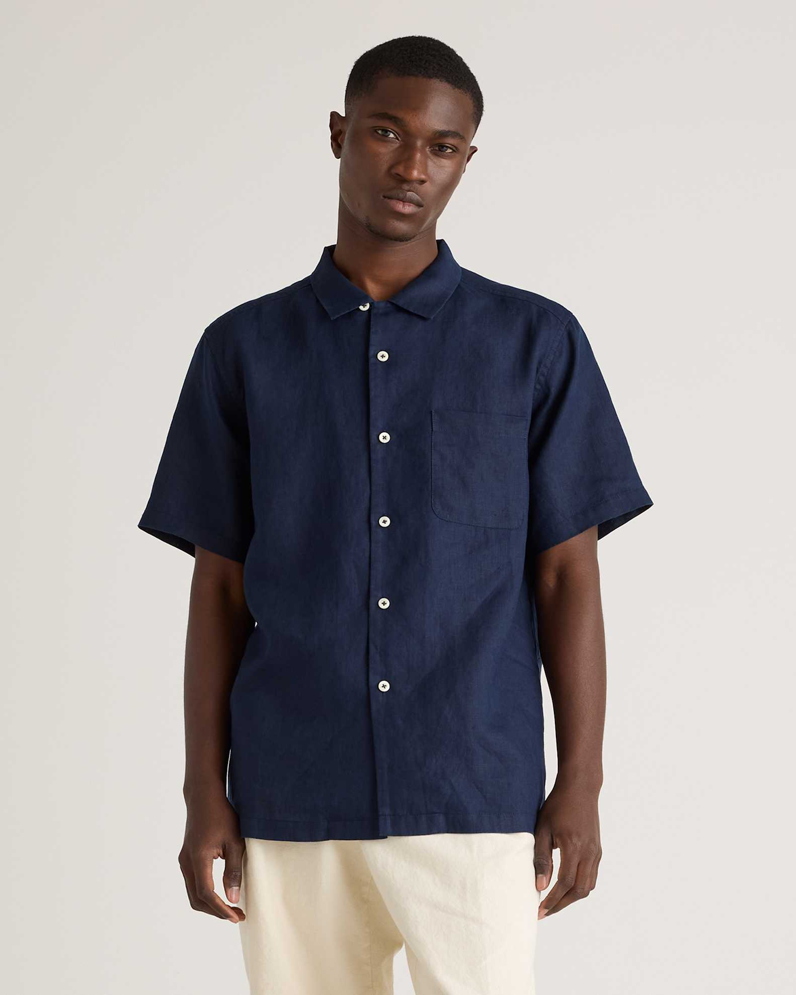 navy linen dress shirt Men's 100% Linen Embroidered Dress Shirt Short Sleeve Sello Navy / XL