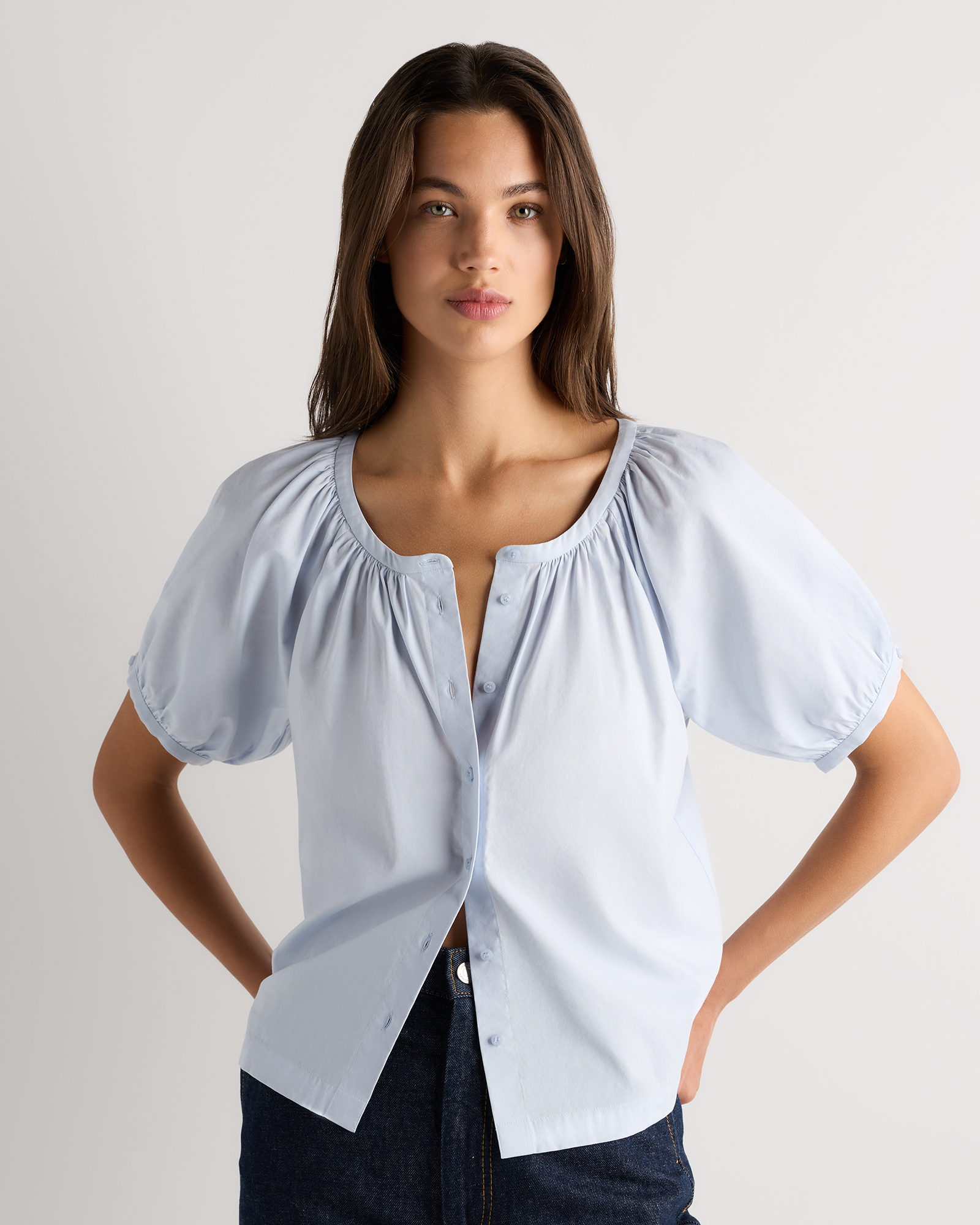 Coastal Haze Blue Cotton Viscose Voile Raglan Short Sleeve Blouse