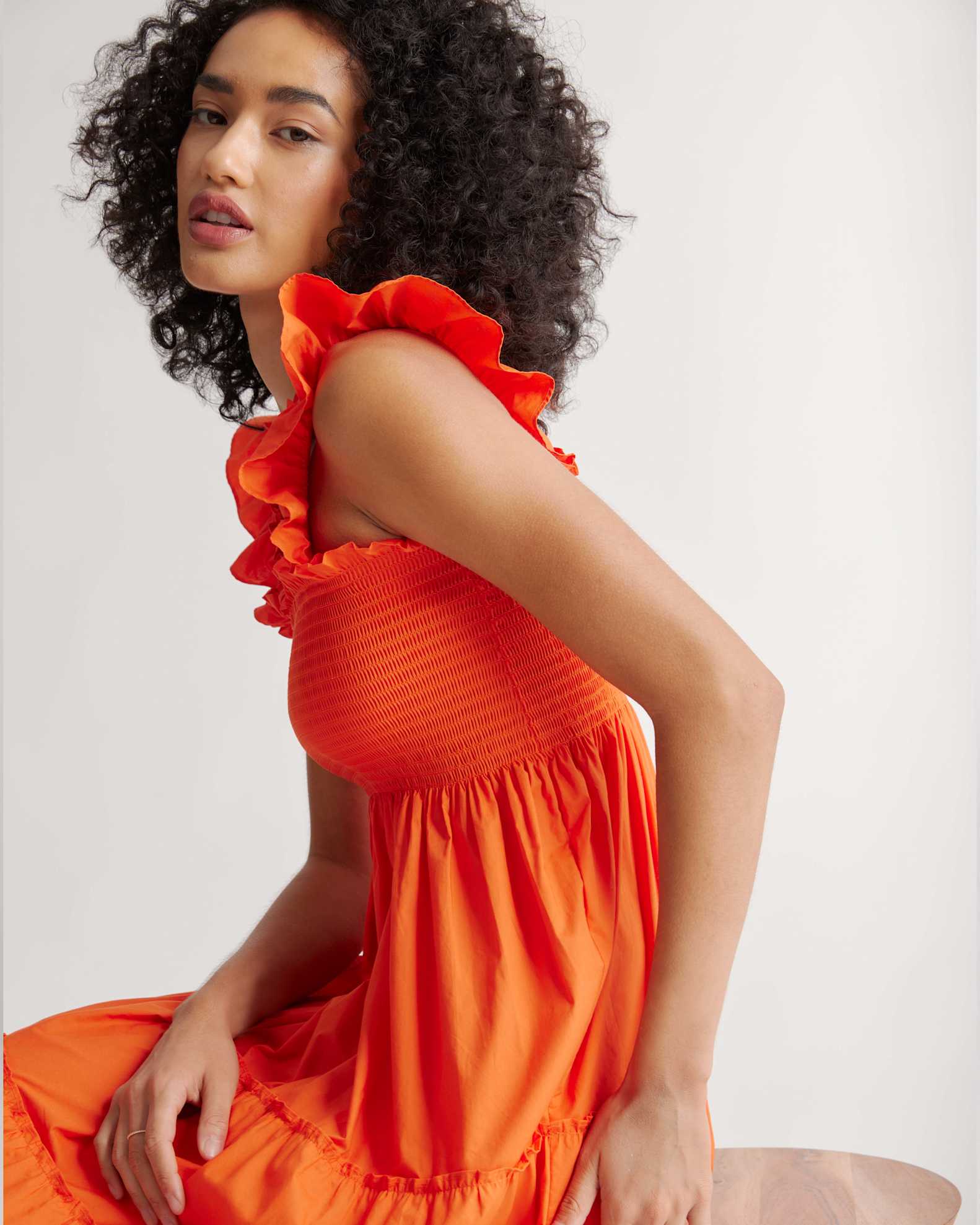 Quince Women's Organic Cotton Poplin Smocked Midi Dress, Vermilion Red, Size Large - Flirty, Breathable, A-Line Cut with Ruffle Detailing Quince Women's Organic Cotton Poplin Smocked Midi Dress, Vermilion Red, Size Large - Flirty, Breathable, A-Line Cut with Ruffle Detailing
