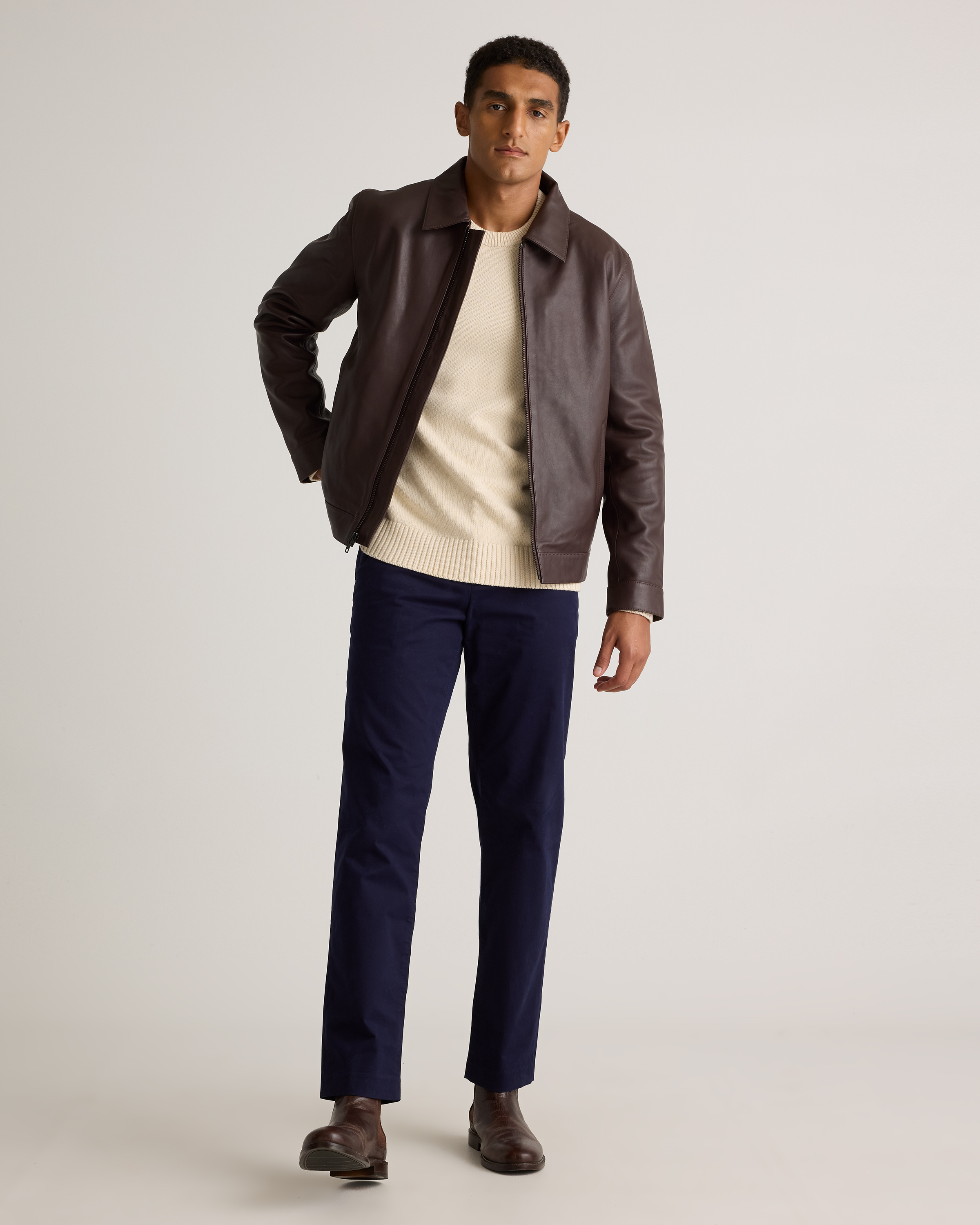 100% Leather Harrington Jacket in Brown