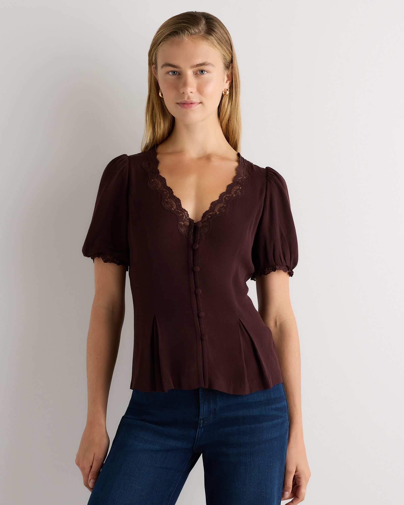 Chocolate Plum Brown Lightweight Crepe Lace Puff Sleeve Blouse