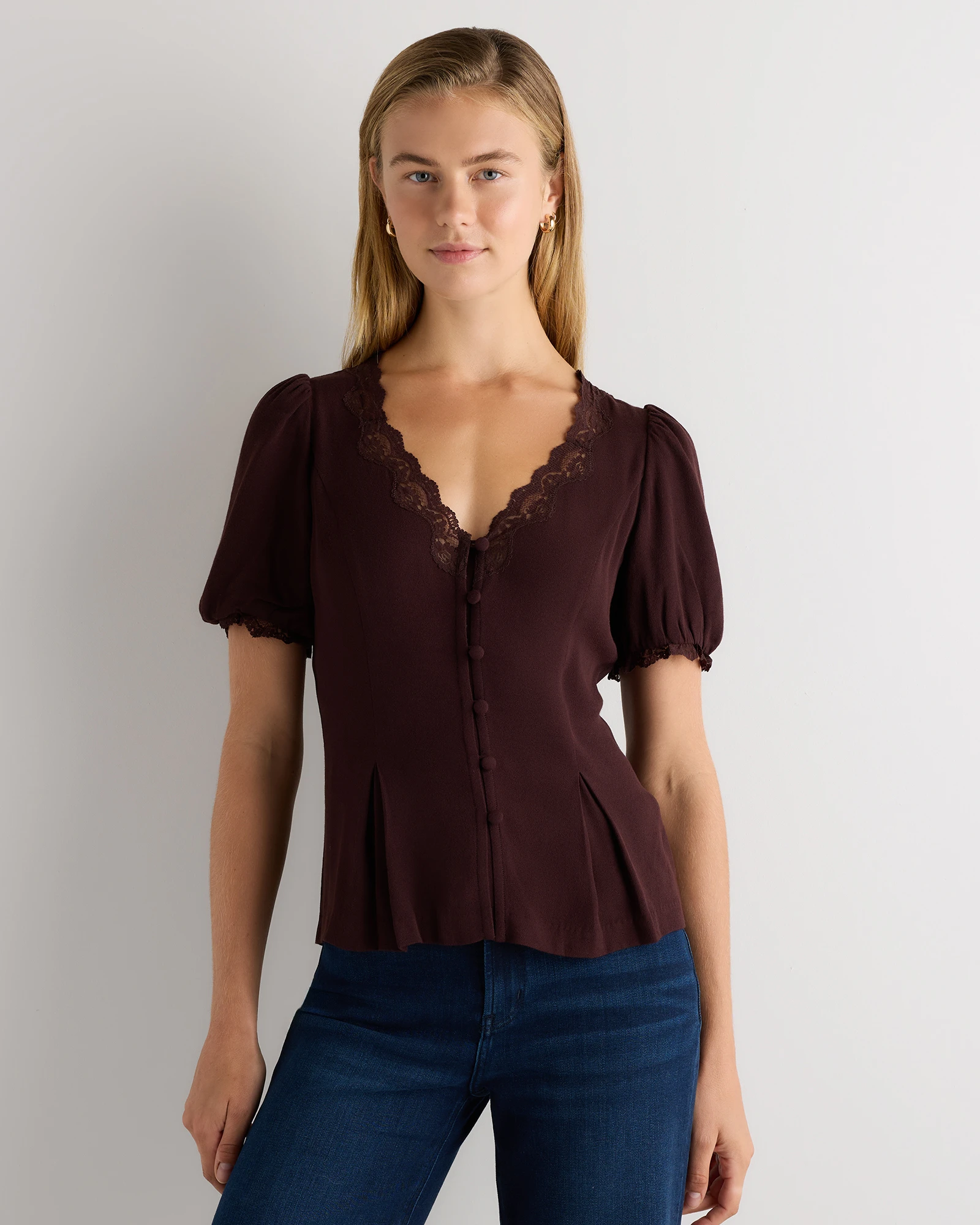 Lightweight Crepe Lace Puff Sleeve Blouse