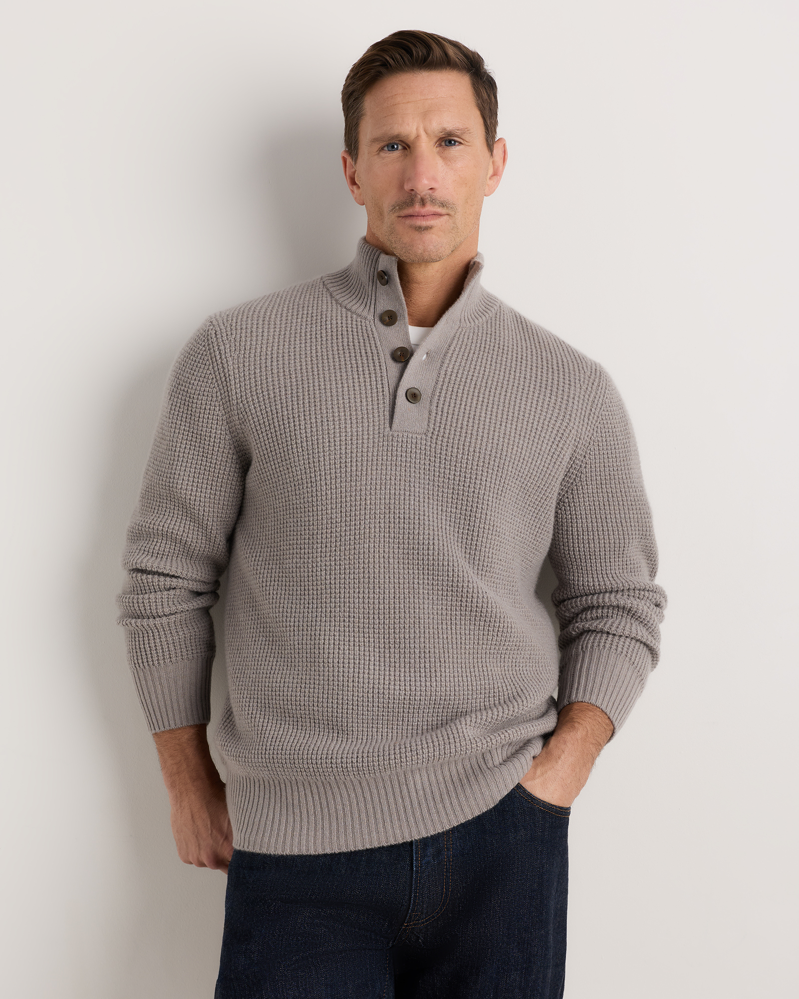 Morel Grey Mongolian Cashmere Waffle Quarter Button Sweater