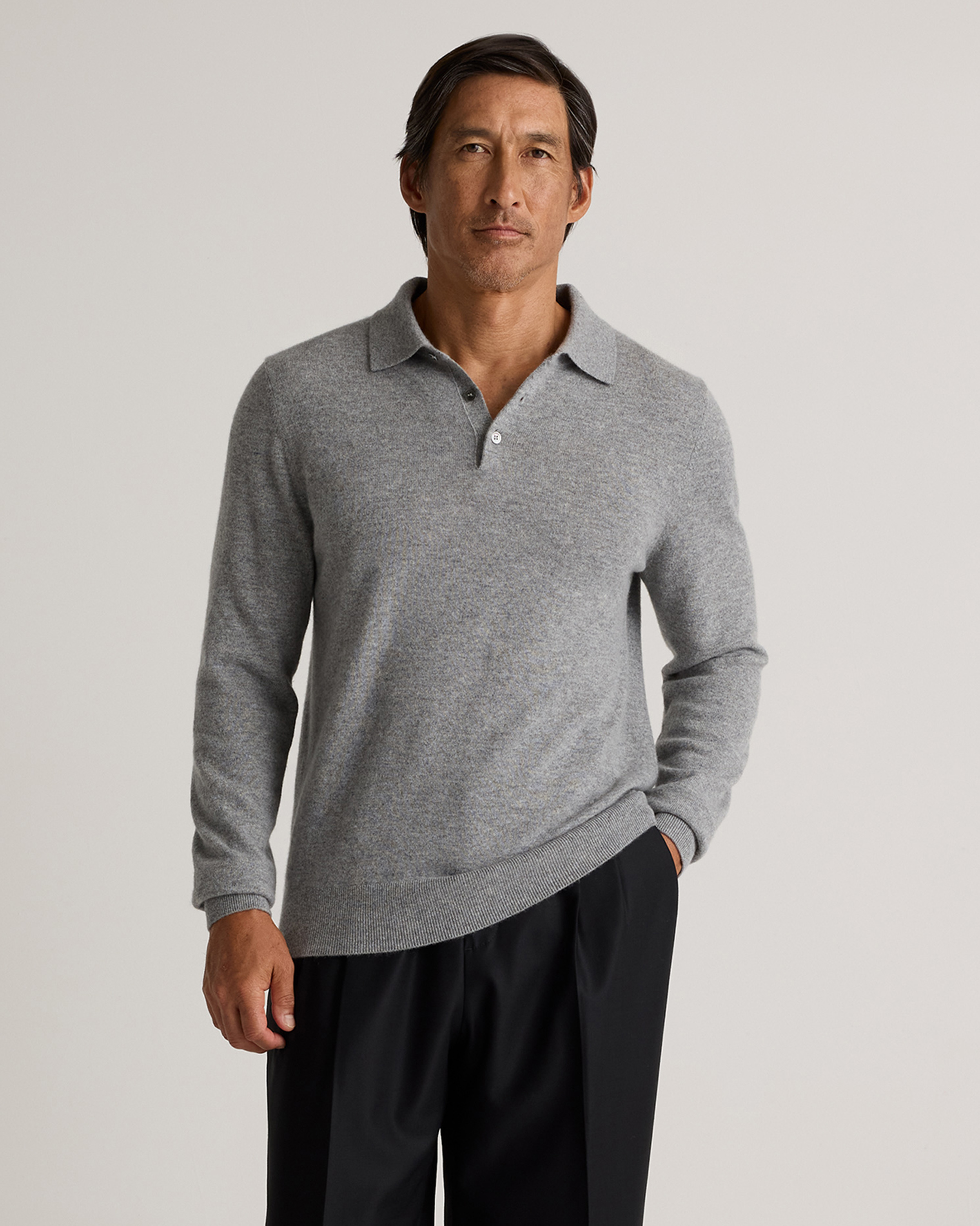 Quince Men's Mongolian Cashmere Polo Sweater In Heather Grey