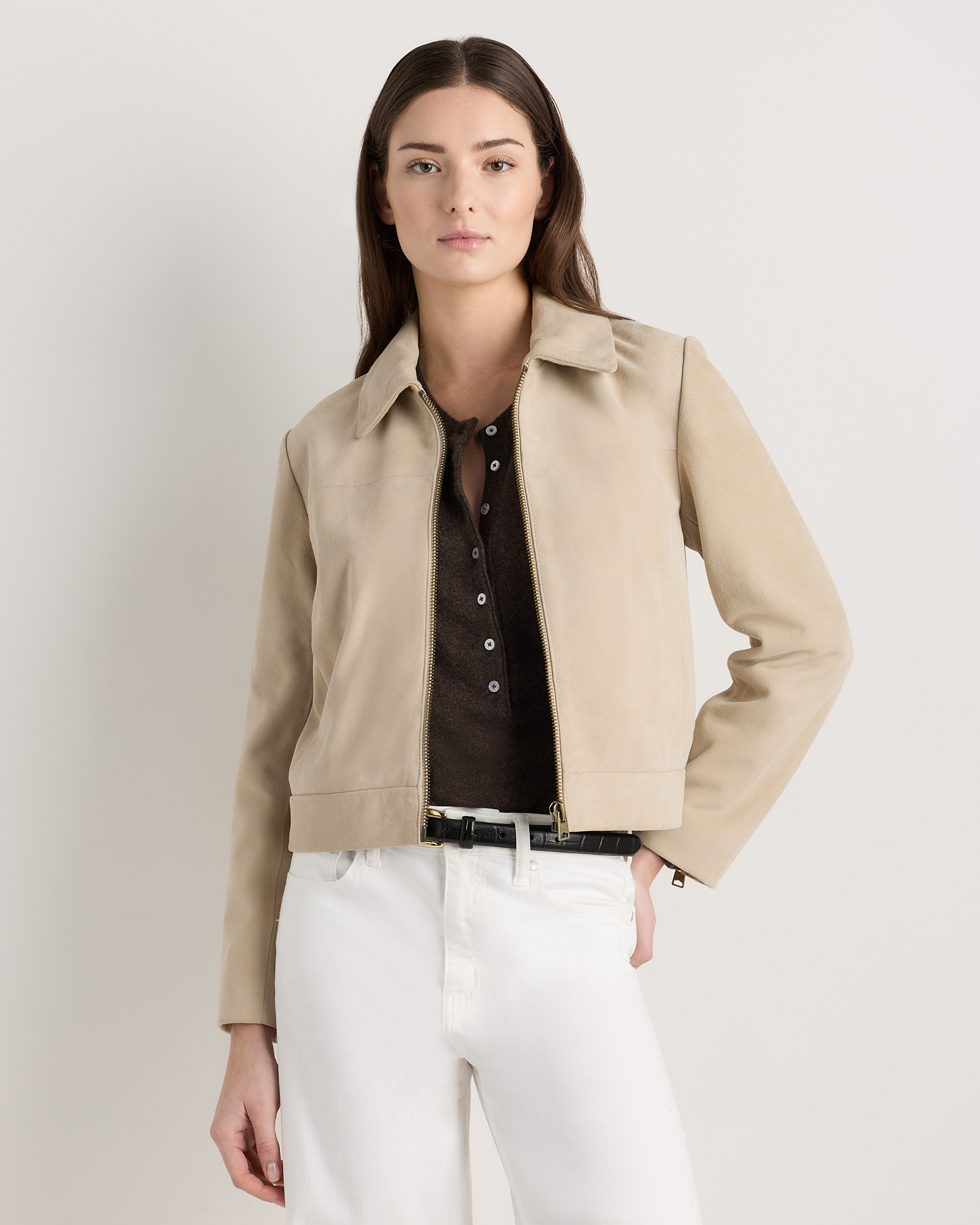 Light Sand Beige Blouson écourté 100 % suède à fermeture à glissière
