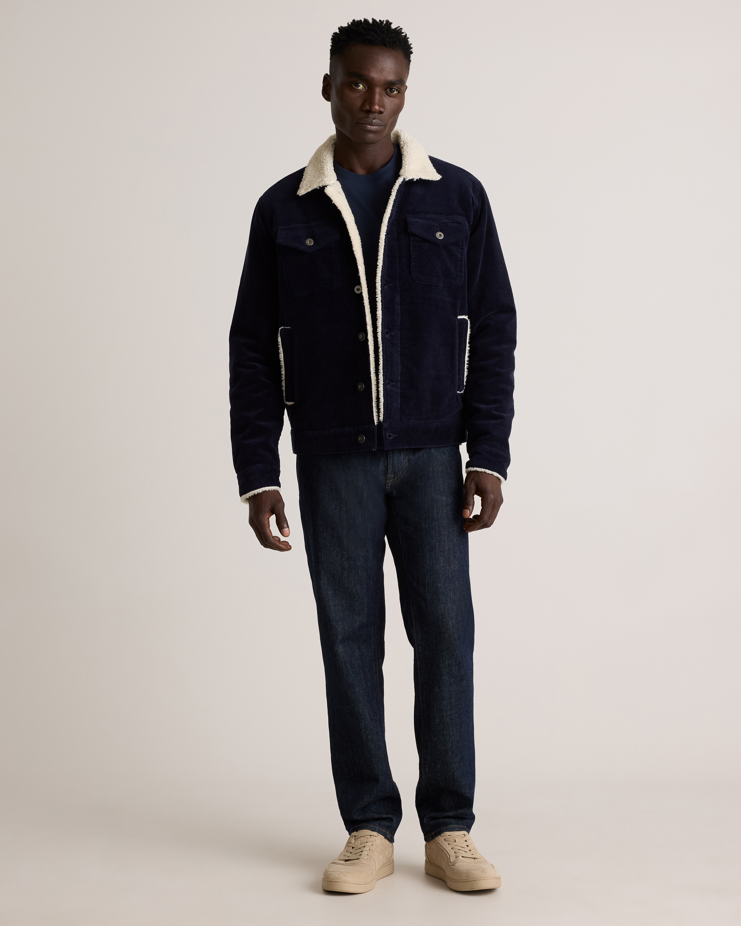 Organic Stretch Corduroy Sherpa-Lined Trucker Jacket in Deep Navy