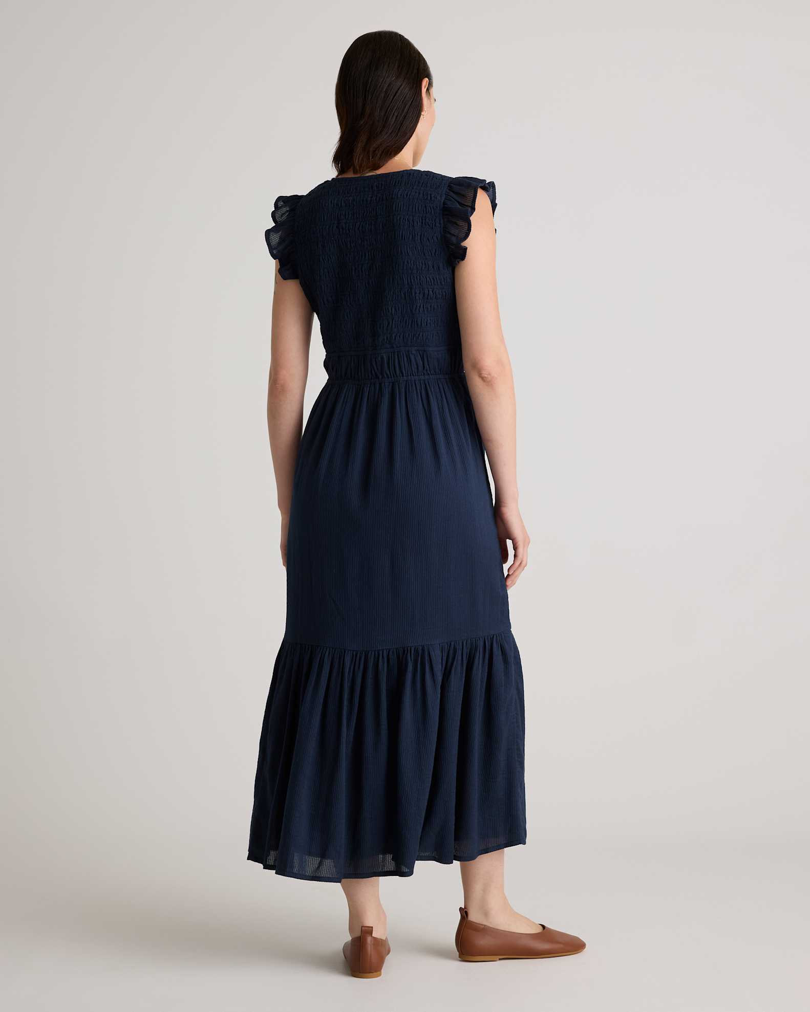 Quince Women's Organic Textured Cotton Smocked V-Neck Midi Dress, Navy, Size XS - Luxurious, Comfortable & Flattering Fit Quince Women's Organic Textured Cotton Smocked V-Neck Midi Dress, Navy, Size XS - Luxurious, Comfortable & Flattering Fit