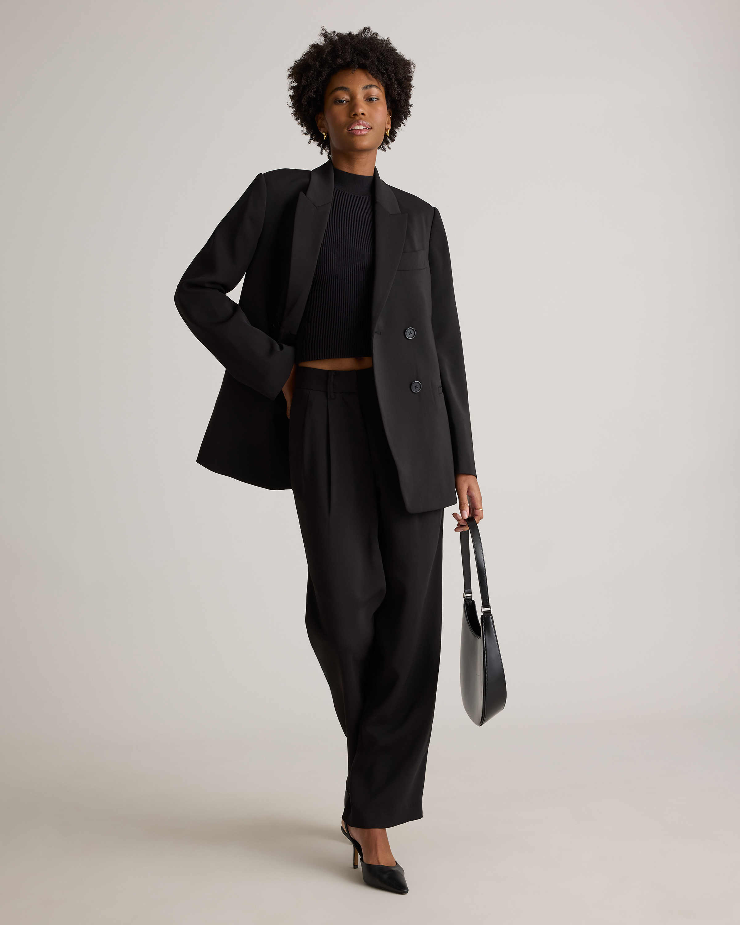 Stretch Crepe Relaxed Double-Breasted Blazer in Black