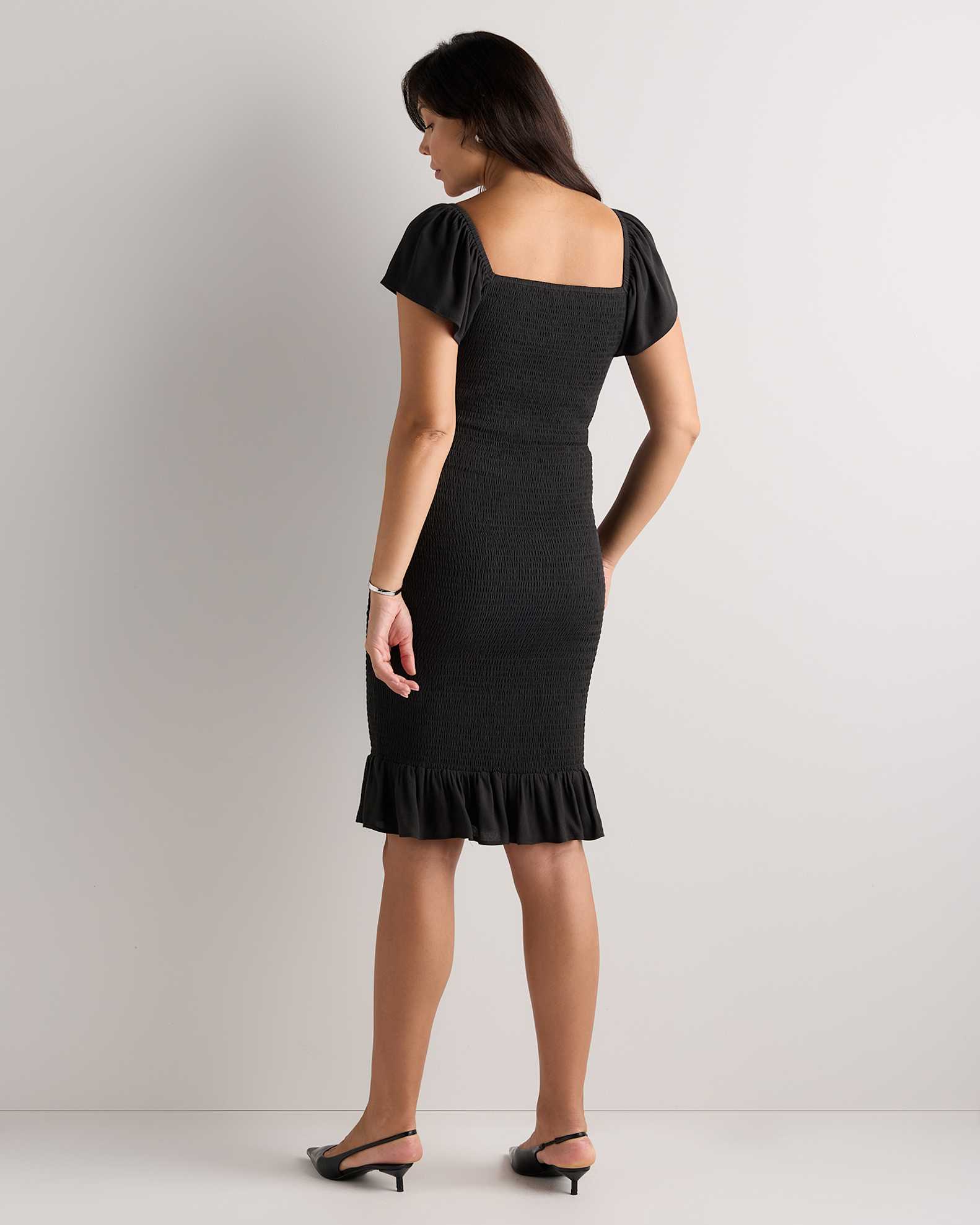 Women's Lightweight Crepe Smocked Flutter Sleeve Maternity Dress in True Black, Size Large, Viscose by Quince Women's Lightweight Crepe Smocked Flutter Sleeve Maternity Dress in True Black, Size Large, Viscose by Quince