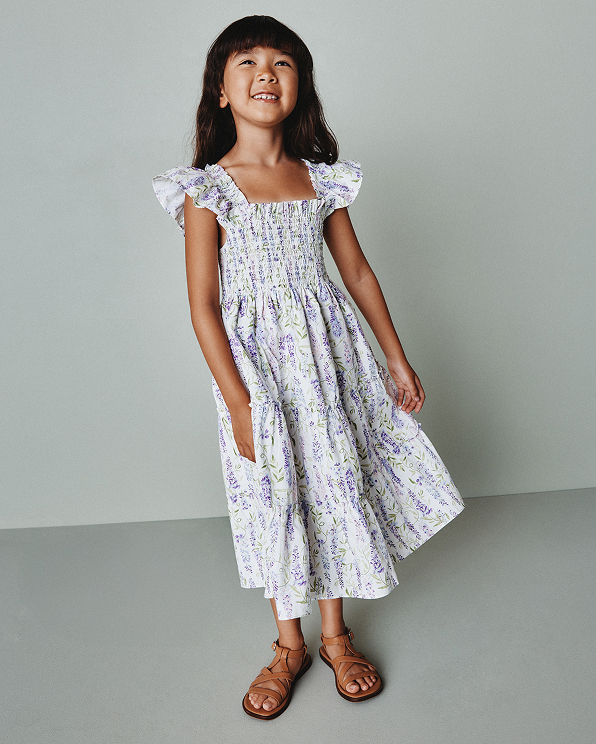 Wisteria Floral 100% Organic Cotton Poplin Smocked Dress