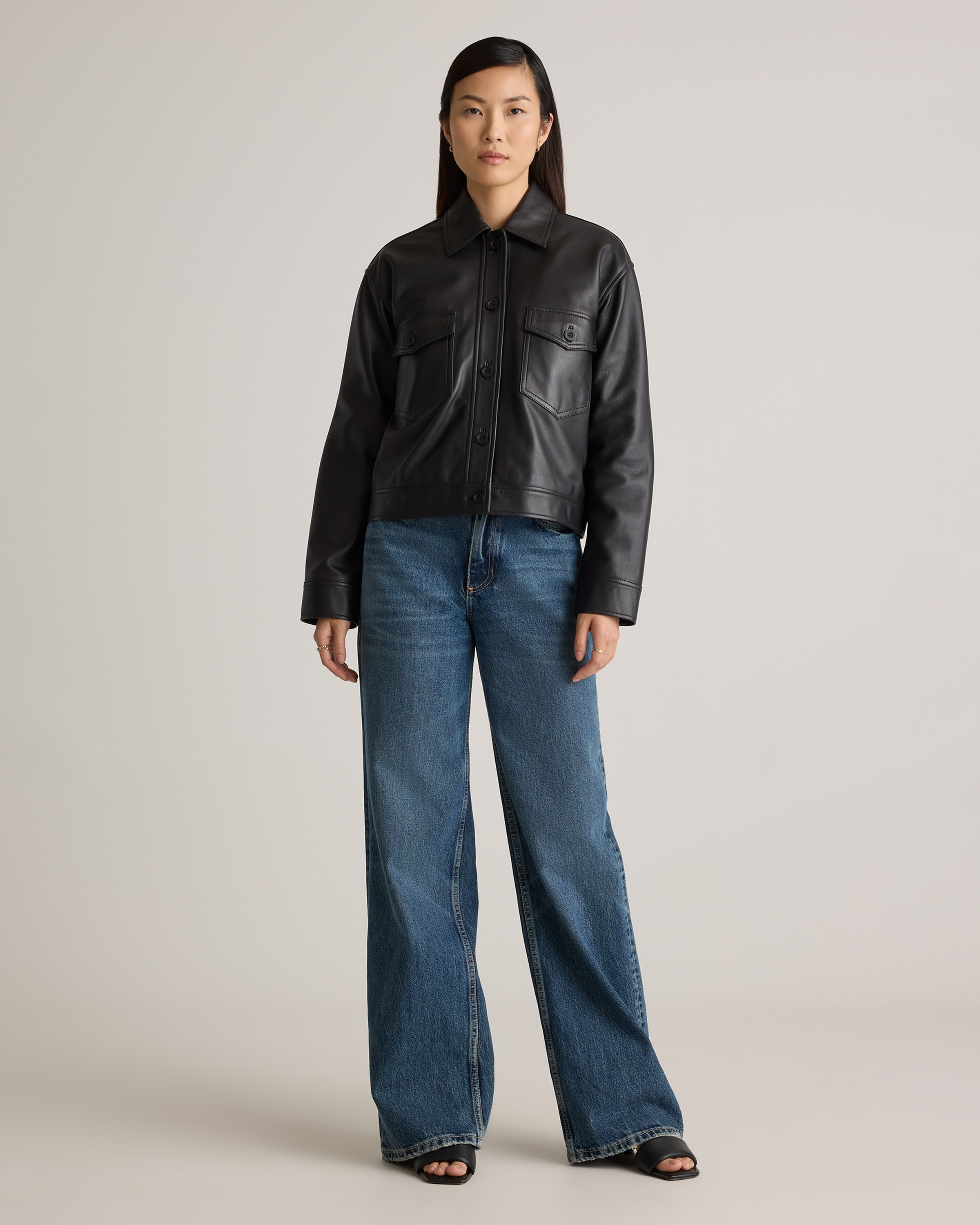 100% Leather Cropped Jacket in Black