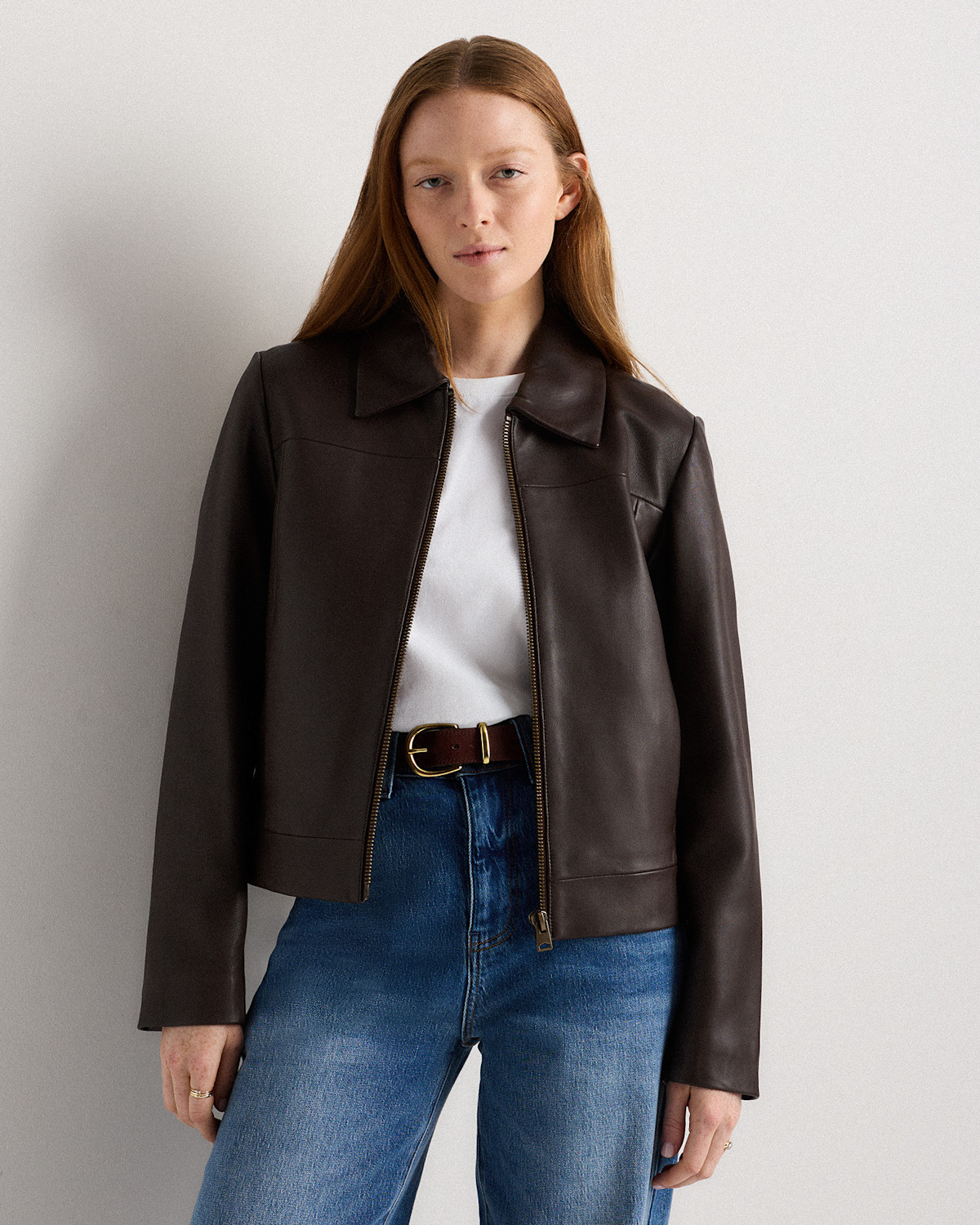 Quince 100% Leather Cropped Zip-Front Jacket in Rich Brown