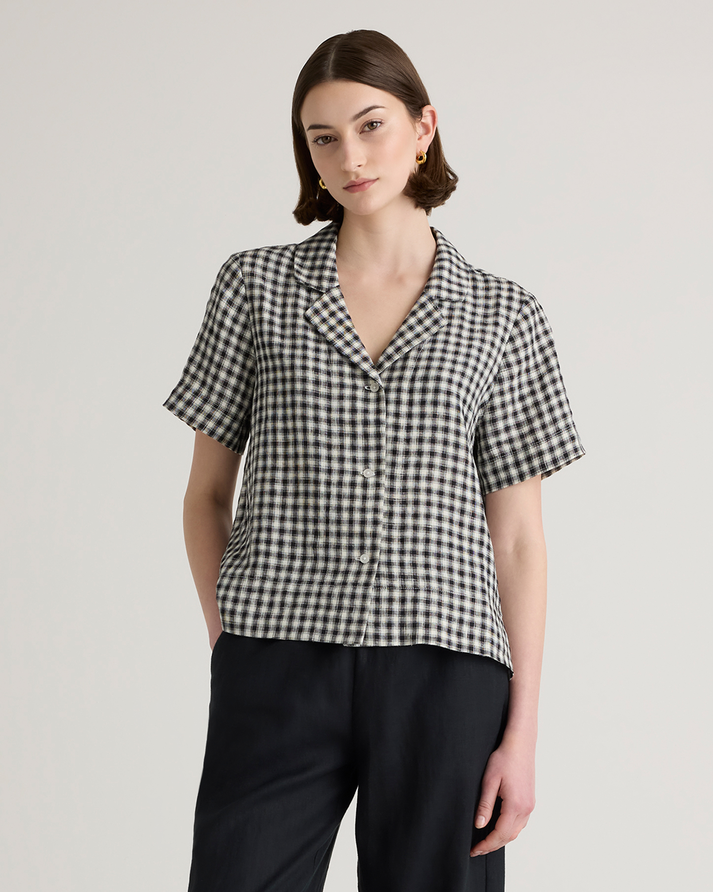 Khaki / Black Gingham Chemise à manches courtes 100 % lin européen