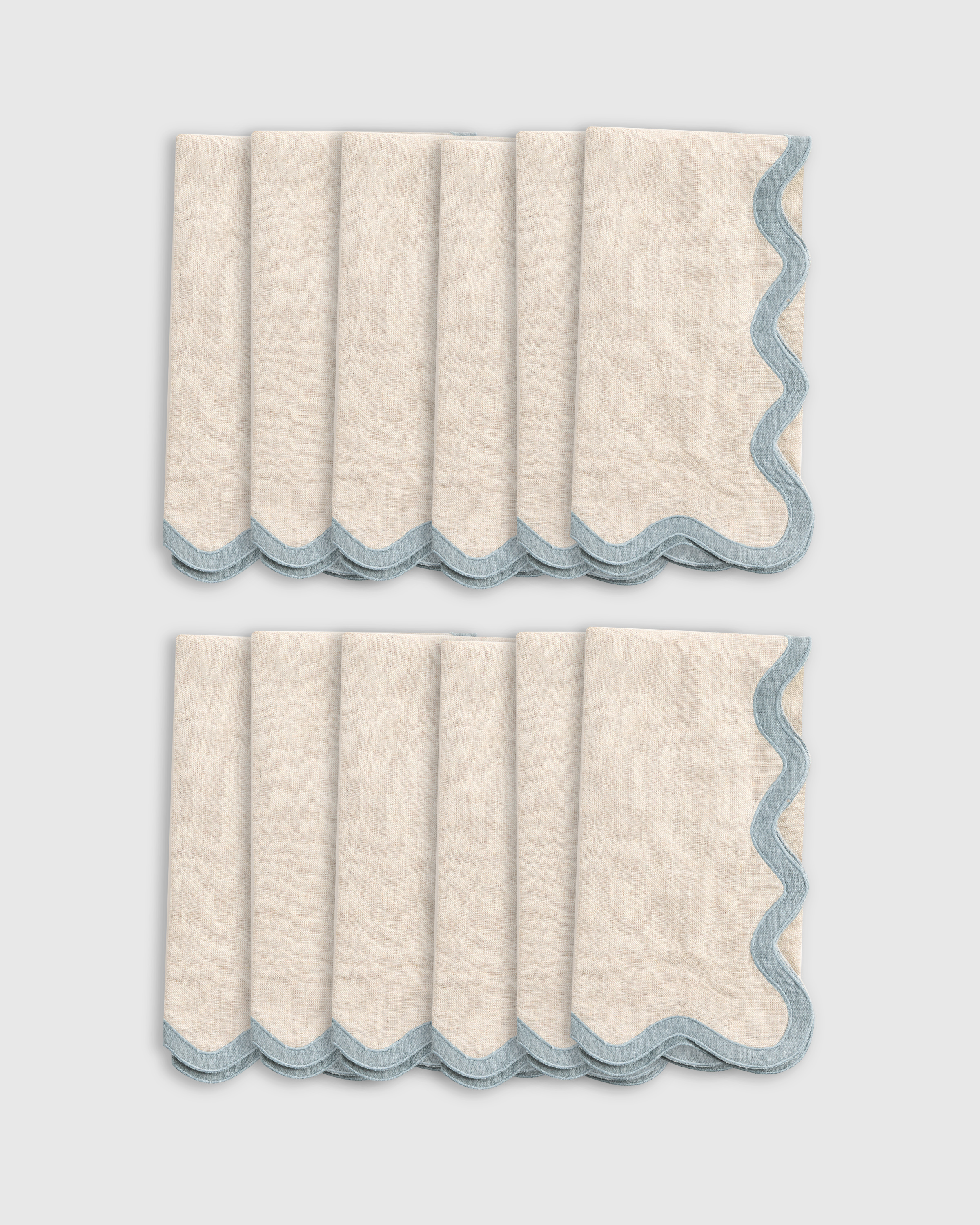 Flax/Dusty Blue European Linen Scallop Edge Napkins (Set of 12)