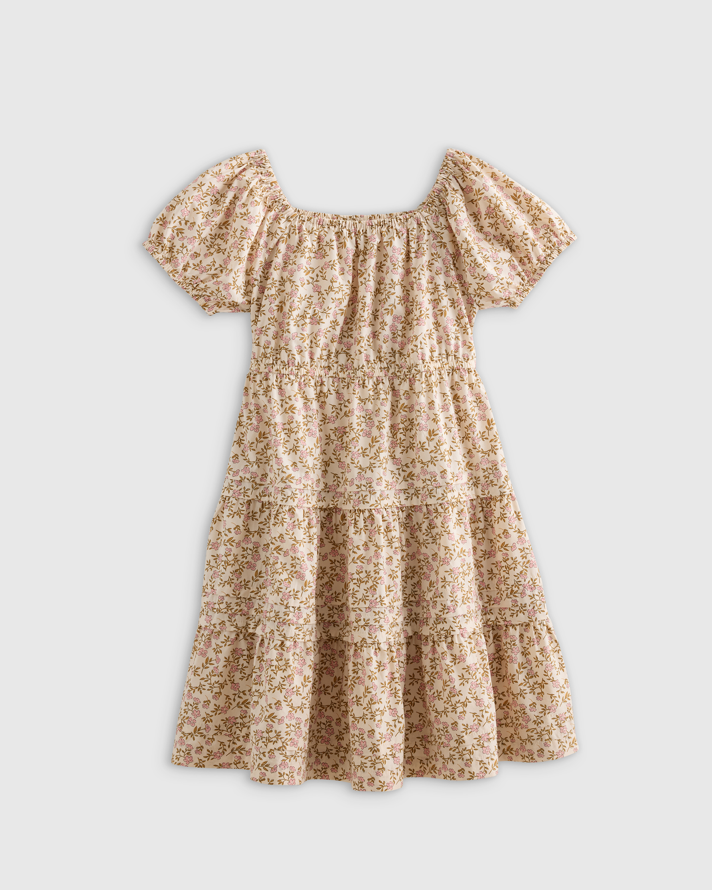 Peach Floral 100% Organic Cotton Poplin Tiered Dress