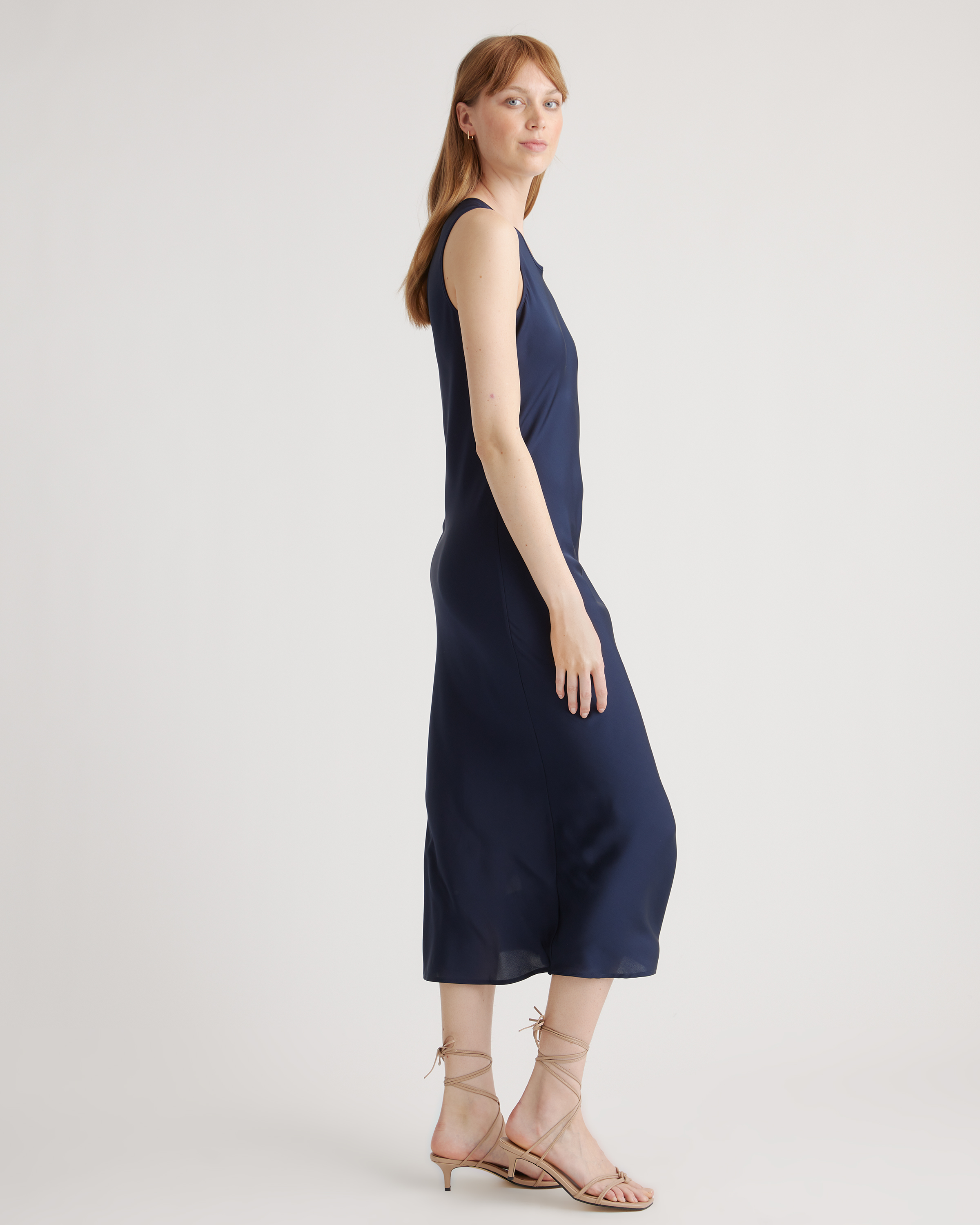 Quince Women's Stretch Silk Tank Top Midi Dress, Washable, Navy, Size Small, Bra-Friendly, Body-Skimming, Hypoallergenic