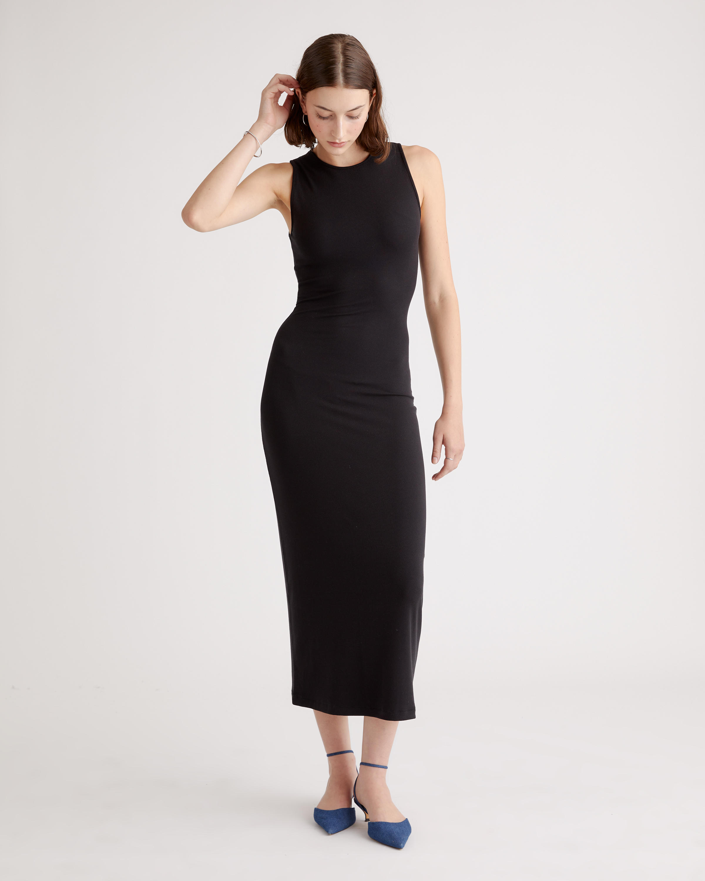 Tencel Rib Knit Tank Midi Dress in Black