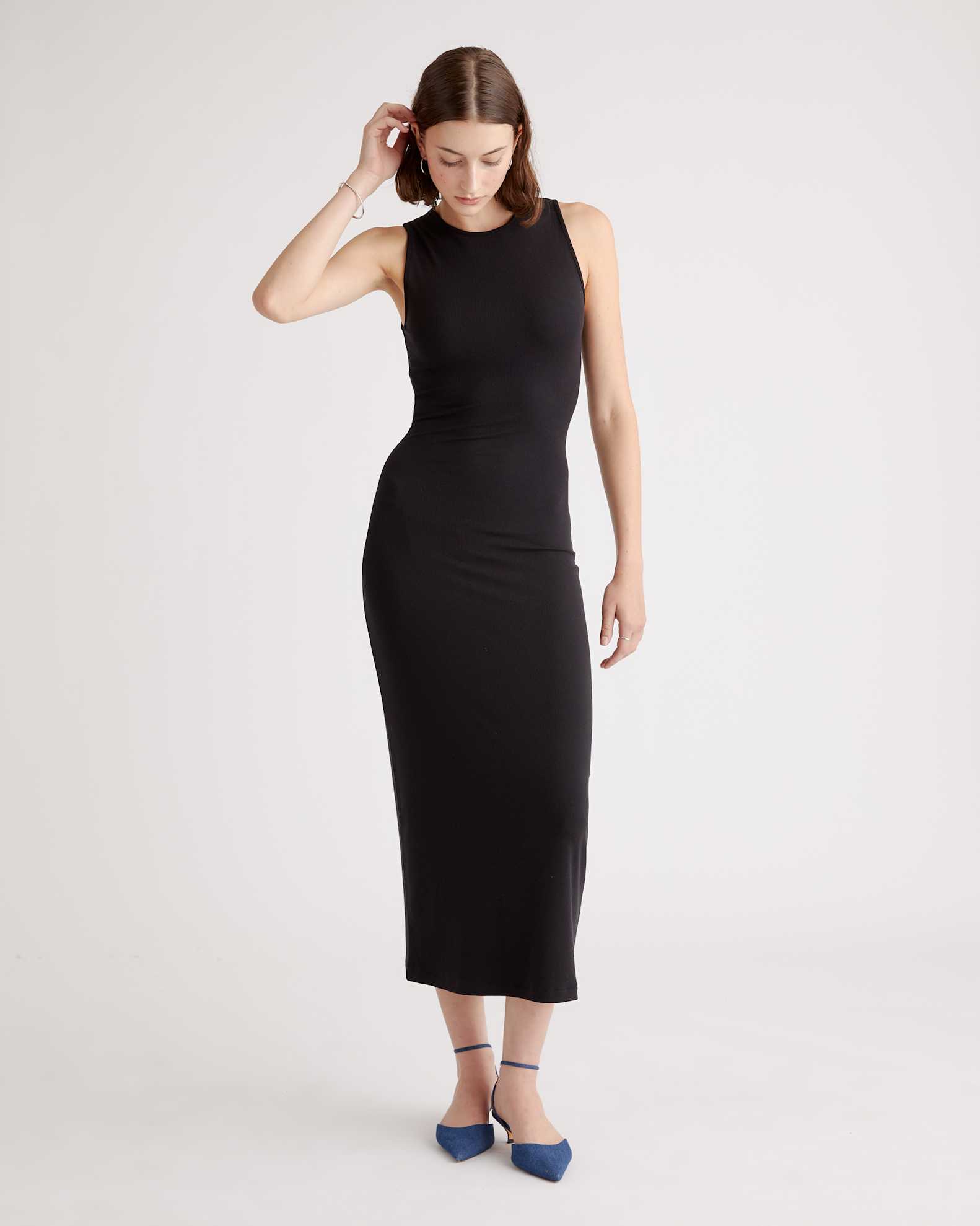 Tencel Rib Knit Tank Midi Dress in Black