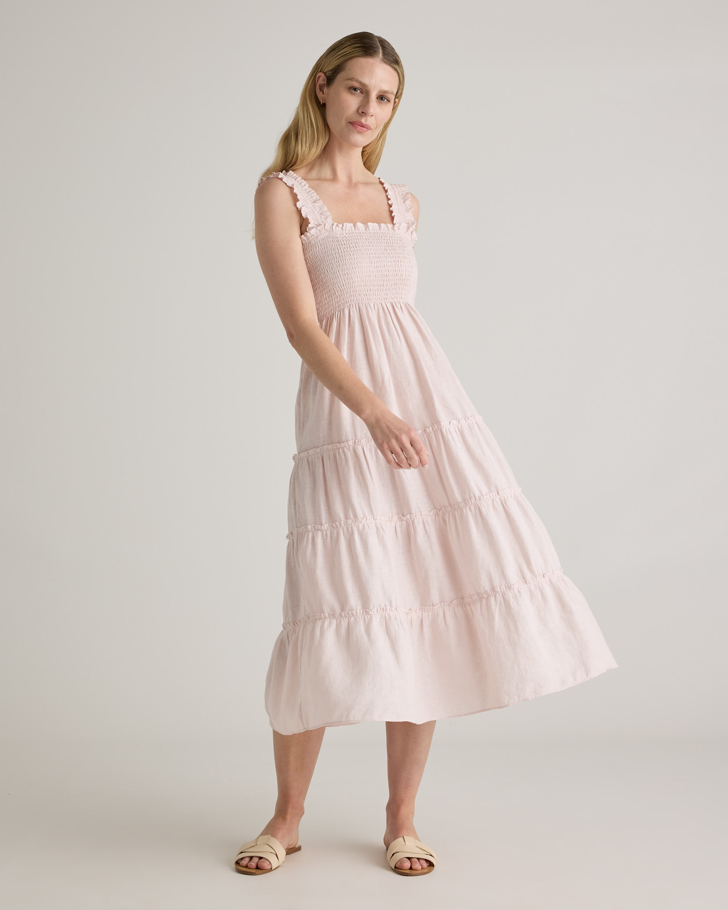 Pale Pink 100% European Linen Smocked Midi Dress