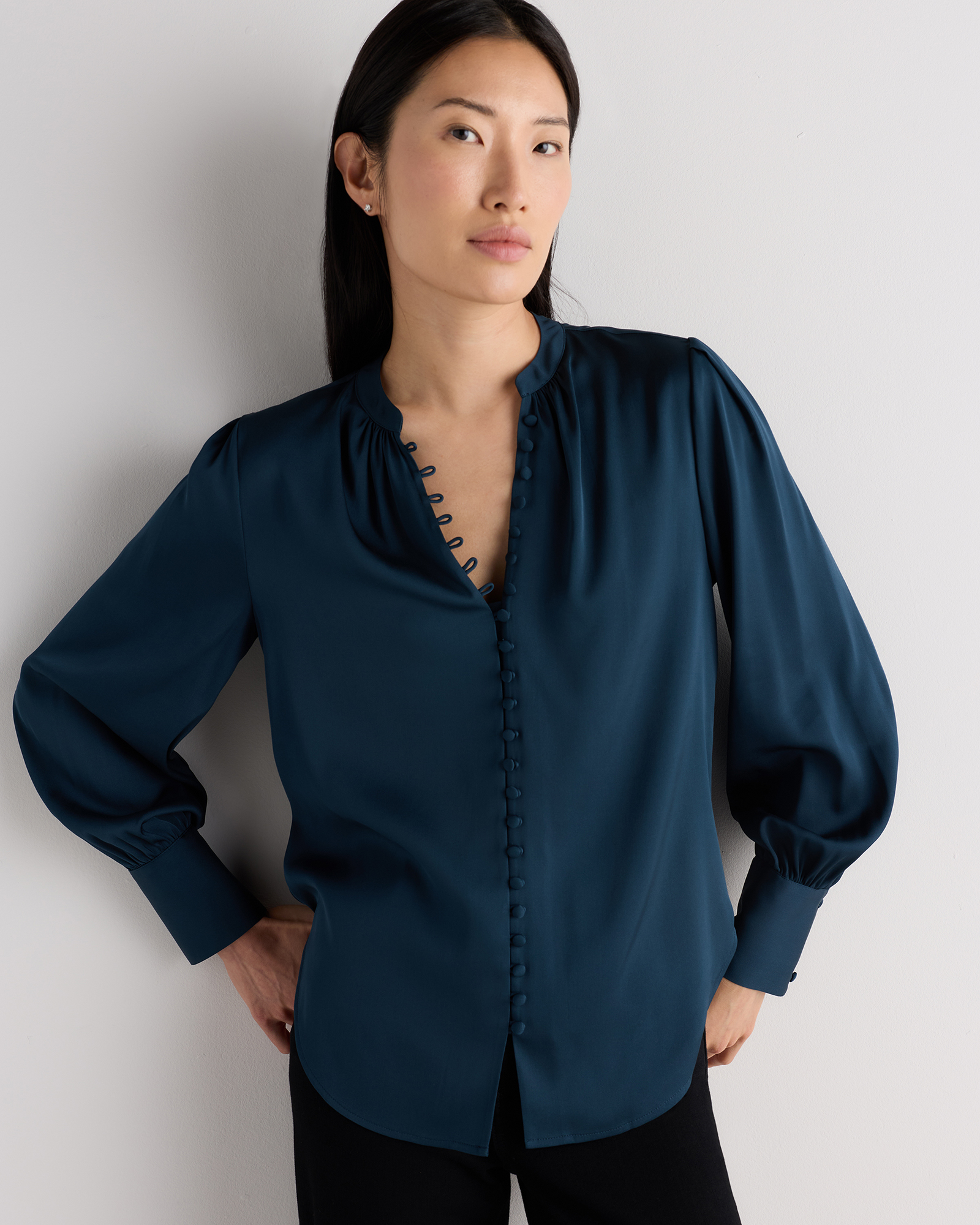Stratus Blue Washable Stretch Silk Peasant Blouse
