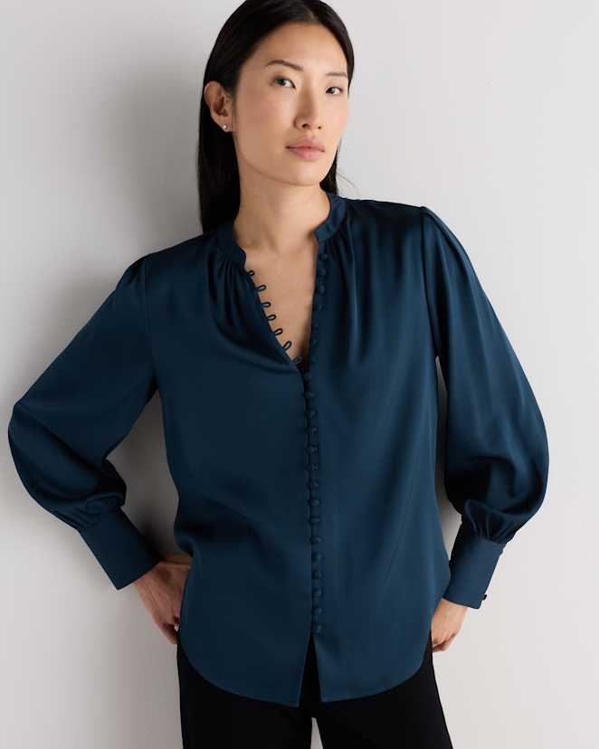 Stratus Blue Washable Stretch Silk Peasant Blouse
