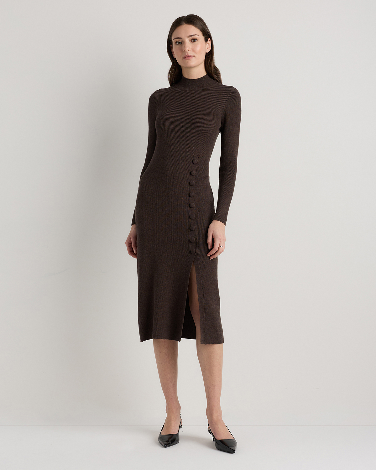 Mocha Heather Cotton Cashmere Side Slit Midi Dress