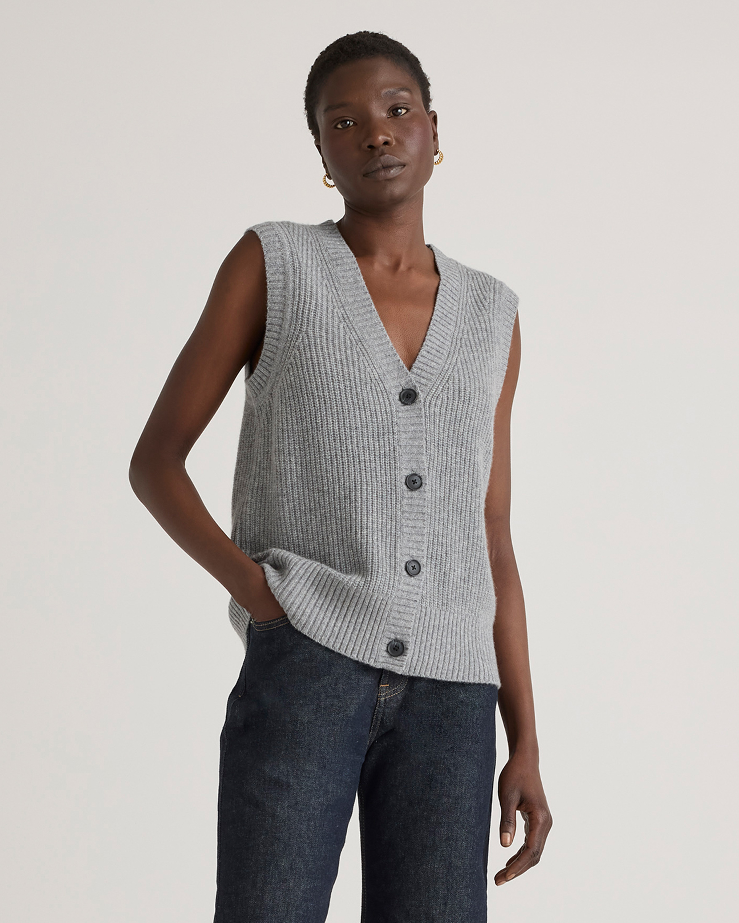 Heather Grey Mongolian Cashmere Fisherman Sweater Vest