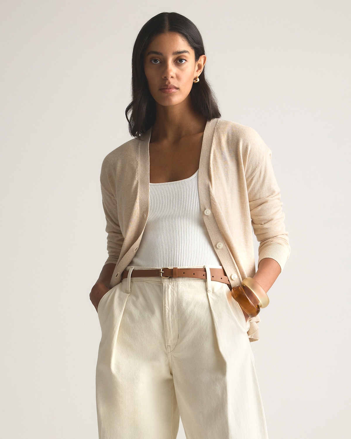 Quince Lightweight Cotton Cashmere Cardigan in Heather Oatmeal