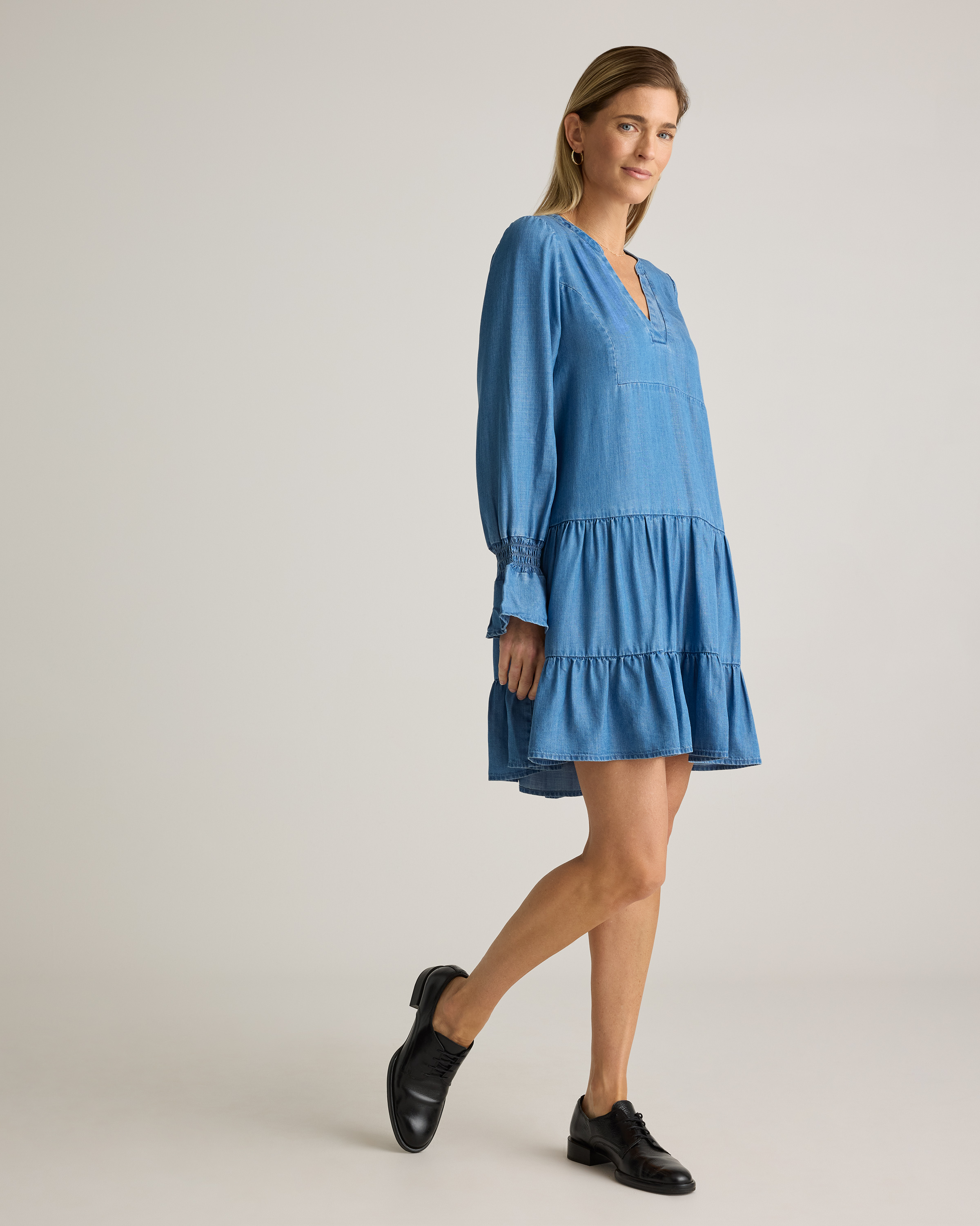 chambray drop waist dress Solid short puff sleeve mini dress- Chambray Large main image 1