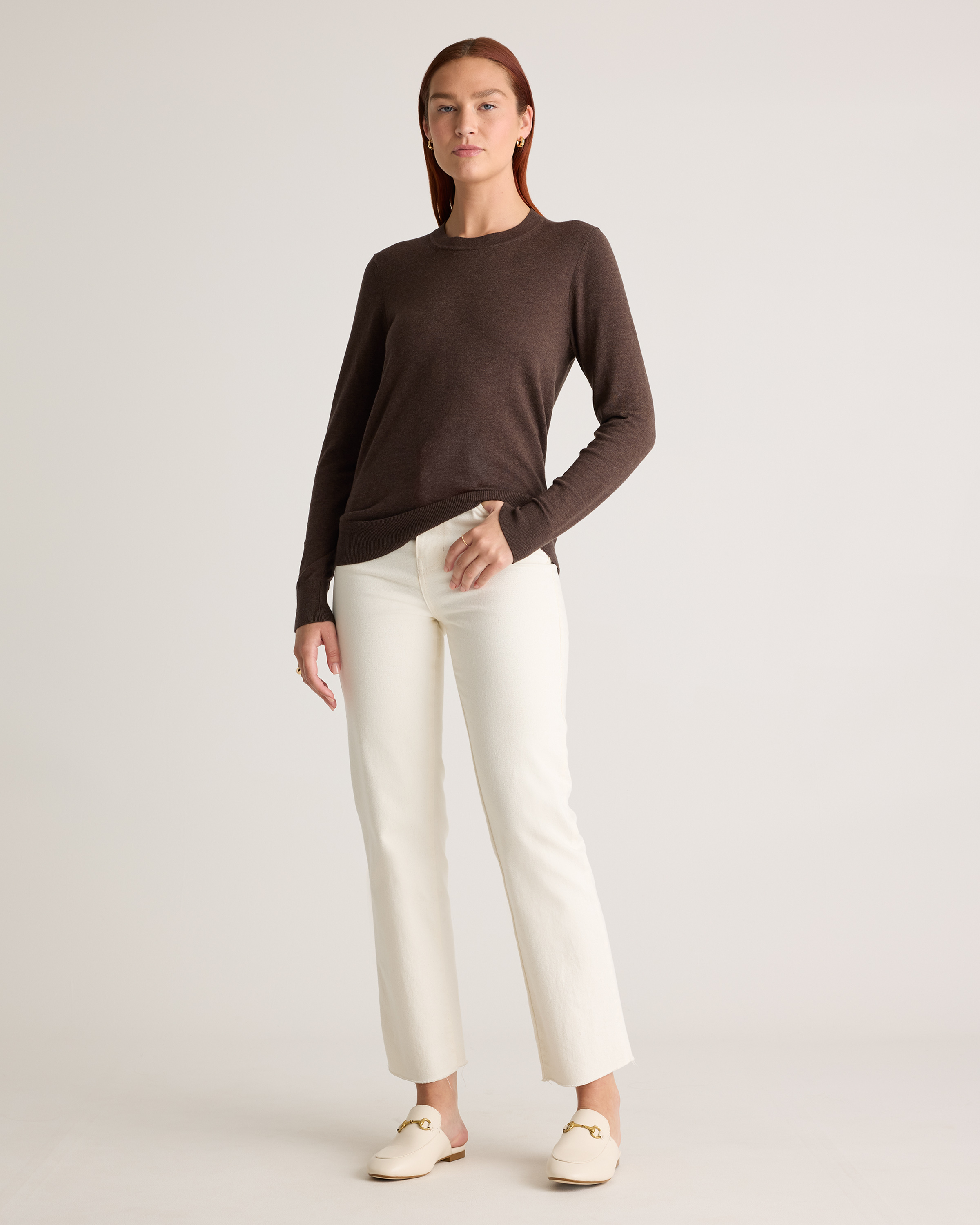 Lightweight Cotton Cashmere Crew Sweater in Mocha Heather